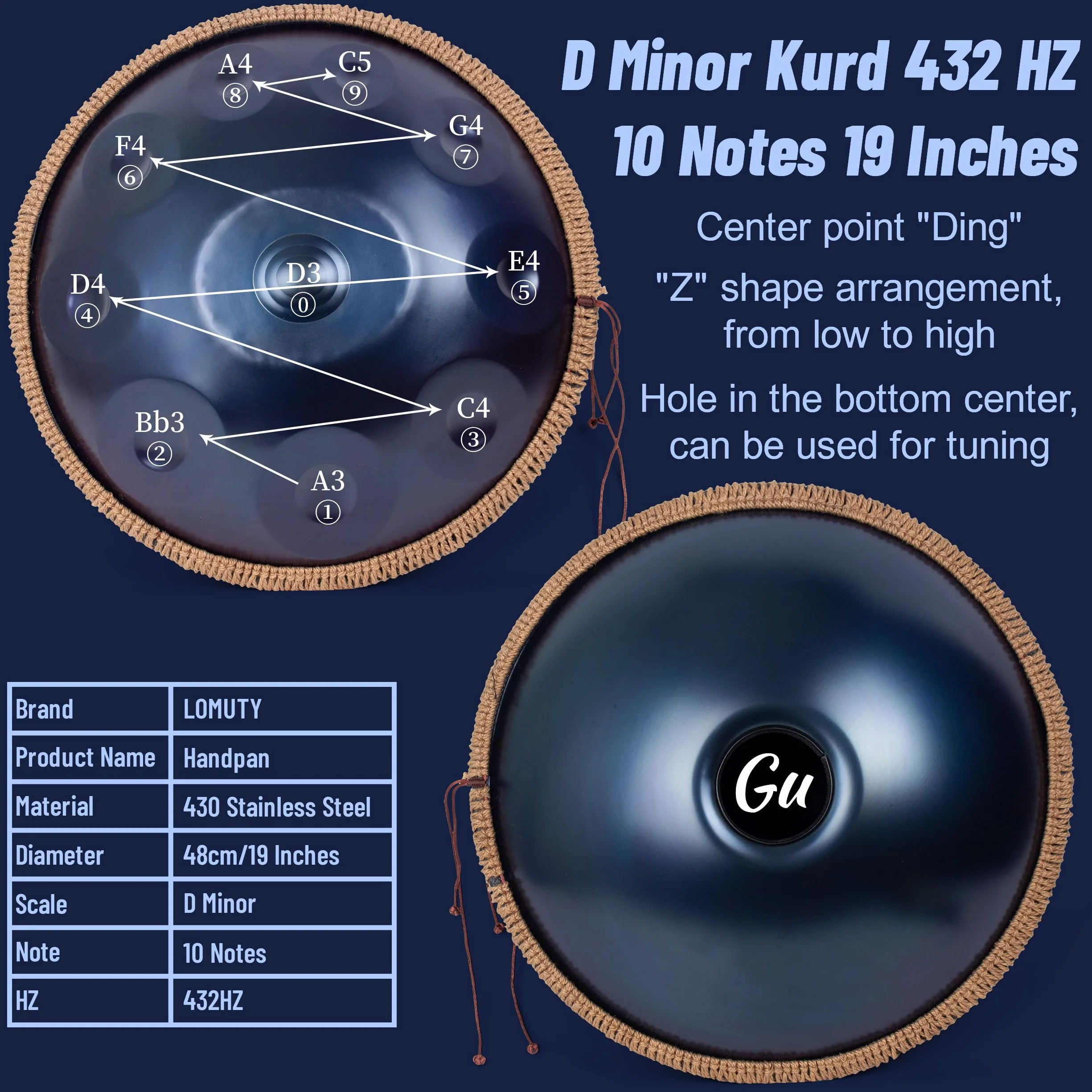 Handpan-Drum 432 Hz dla początkujących, stalowe bębny 10 ton 19 cali, bęben ręczny D-moll, ręczna patelnia z torbą na bęben i uchwytem na rękę, instrumenty muzyczne do uzdrawiania dźwiękiem