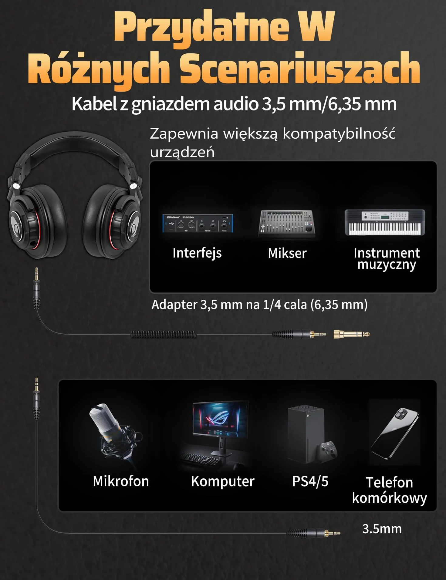 talomen TI660X słuchawki nauszne, przewodowe słuchawki stereo z głośnikiem 50 mm, słuchawki HiFi z wtyczką 3,5 mm, adapter 6,35 mm, wymienne nauszniki do studia, DJ/telefonu komórkowego, komputera