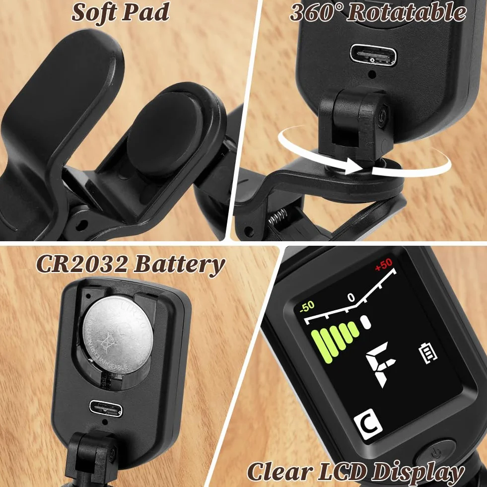 Tuner gitarowy z możliwością ładowania, tuner gitarowy, klips, cyfrowy tuner akcesoriów gitarowych z kolorowym wyświetlaczem LCD, klips do tunera gitarowego z kablem typu C, do gitary