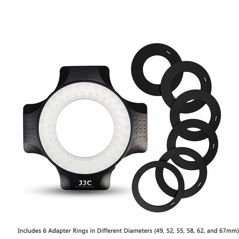 JJC Makro LED lampa pierścieniowa z 60 diodami LED o wysokiej intensywności, dyfuzor lampy błyskowej do obiektywu Canon Sony Nikon Olympus Fuji DSLR, 6 pierścieni dopasowania obiektywu - od 49 mm do