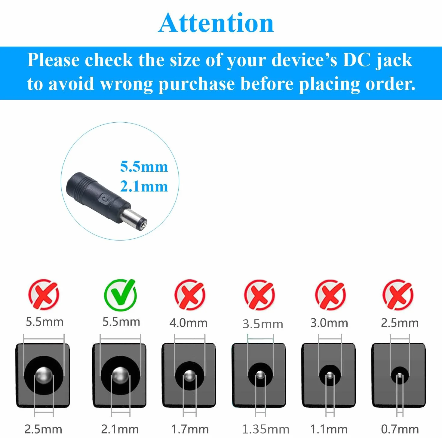 DC 9V 0.5A 500mA adapter zasilający, wtyk 5,5 mm x 2,1 mm, dodatni biegun pośrodku