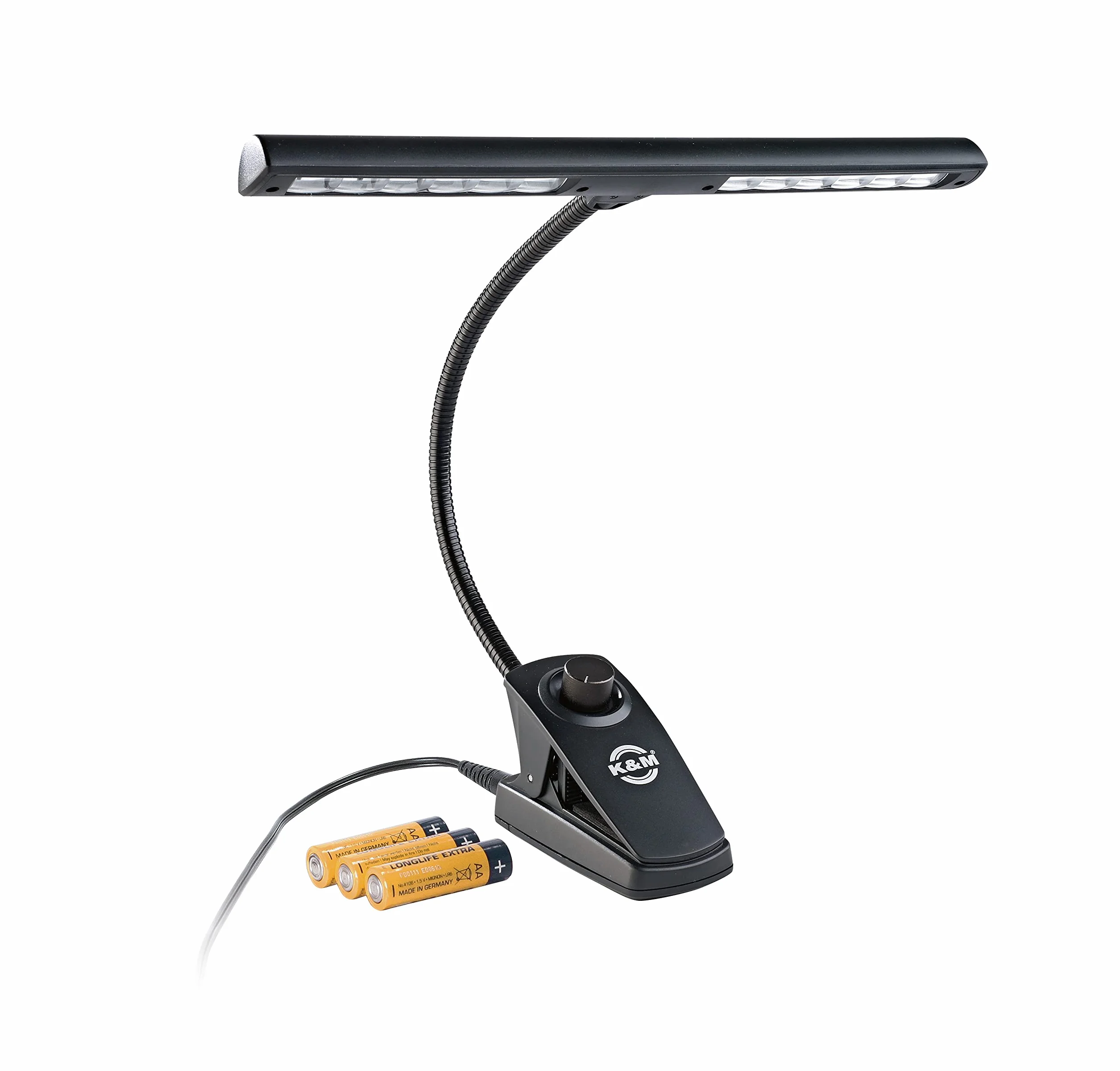 K&M 12295 lampa pulpitowa z nutami ściemniacz Light Black – 30 cm abażur – klips z łabędzią szyją, 2 x 1400 luksów