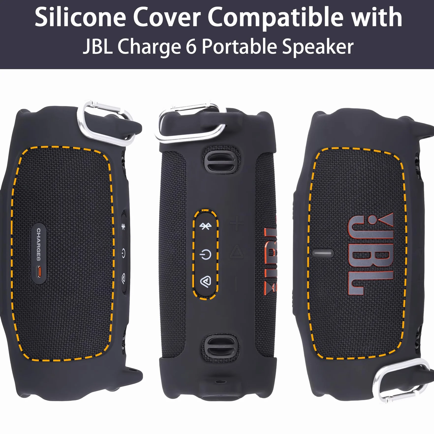 Khanka Silikonowe Etui Ochronne do JBL Charge 6 ze Zdejmowanym Paskiem na Ramię i Hakiem Użytkowym, Elastyczne Miękkie Pokrowiec do Przenośnego Głośnika Bluetooth (Czarne)