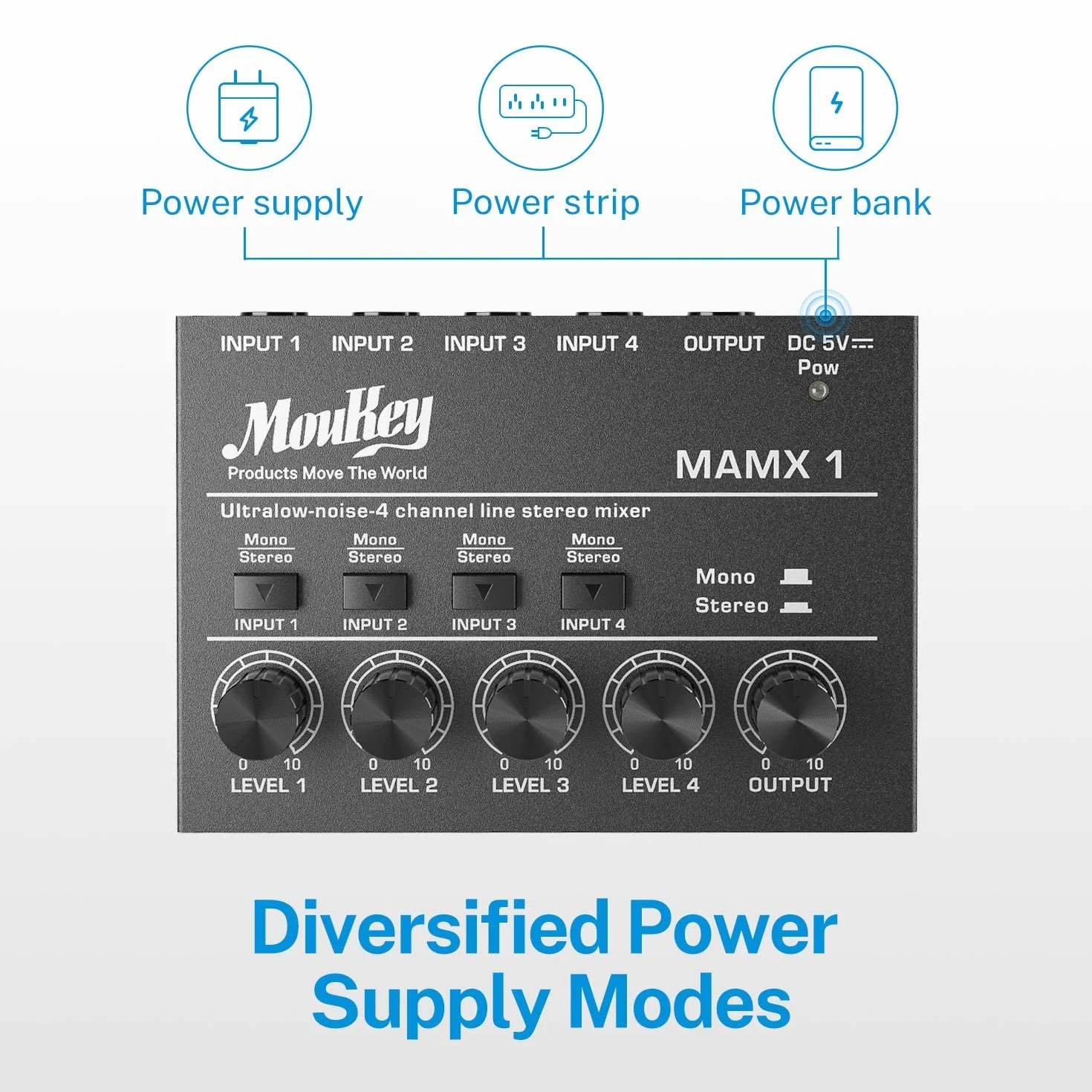 Moukey MAMX1 Kompaktowy mikser studyjny audio stereo 4 kanały