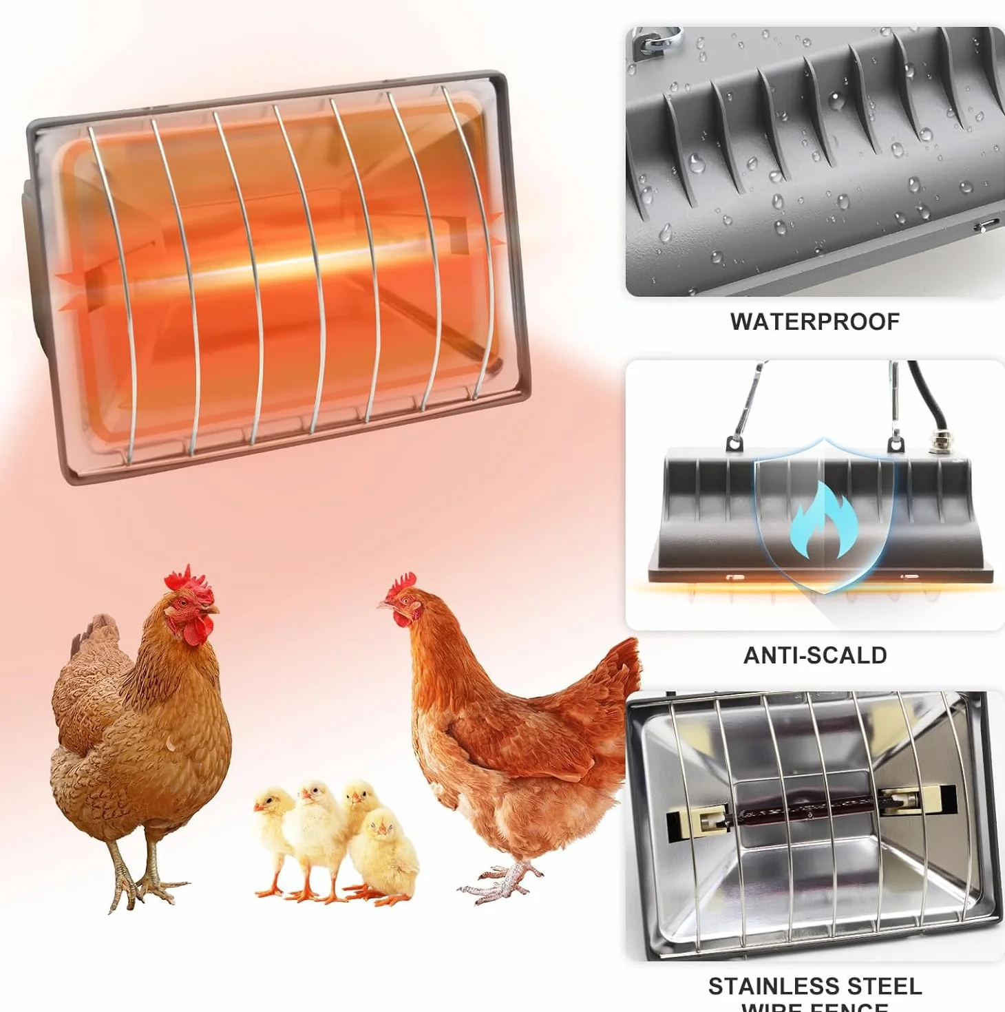 HEYOUTH Lampa grzewcza dla drobiu, podgrzewacz kurczaków, podgrzewacz kurnika, stała temperatura, do hodowli piskląt, kaczek, przepiórek i ptaków (250W)