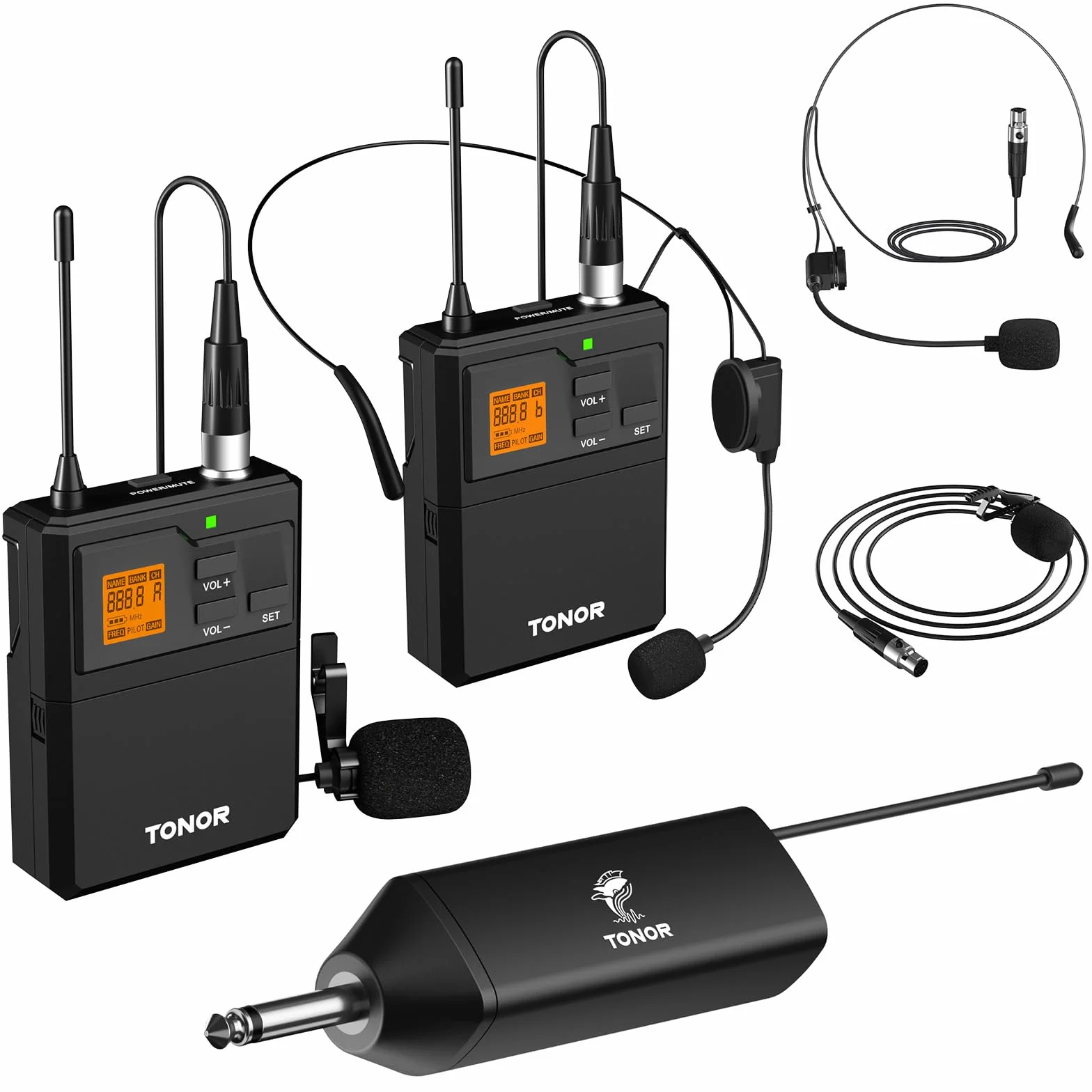 Bezprzewodowy system mikrofonów TONOR UHF z podwójnymi mikrofonami słuchawkowymi/mikrofonami klapowymi Lavalier, nadajniki Bodypack, mini odbiornik ładowalny, 2x5 kanały, zakres 60M, do nagrywania
