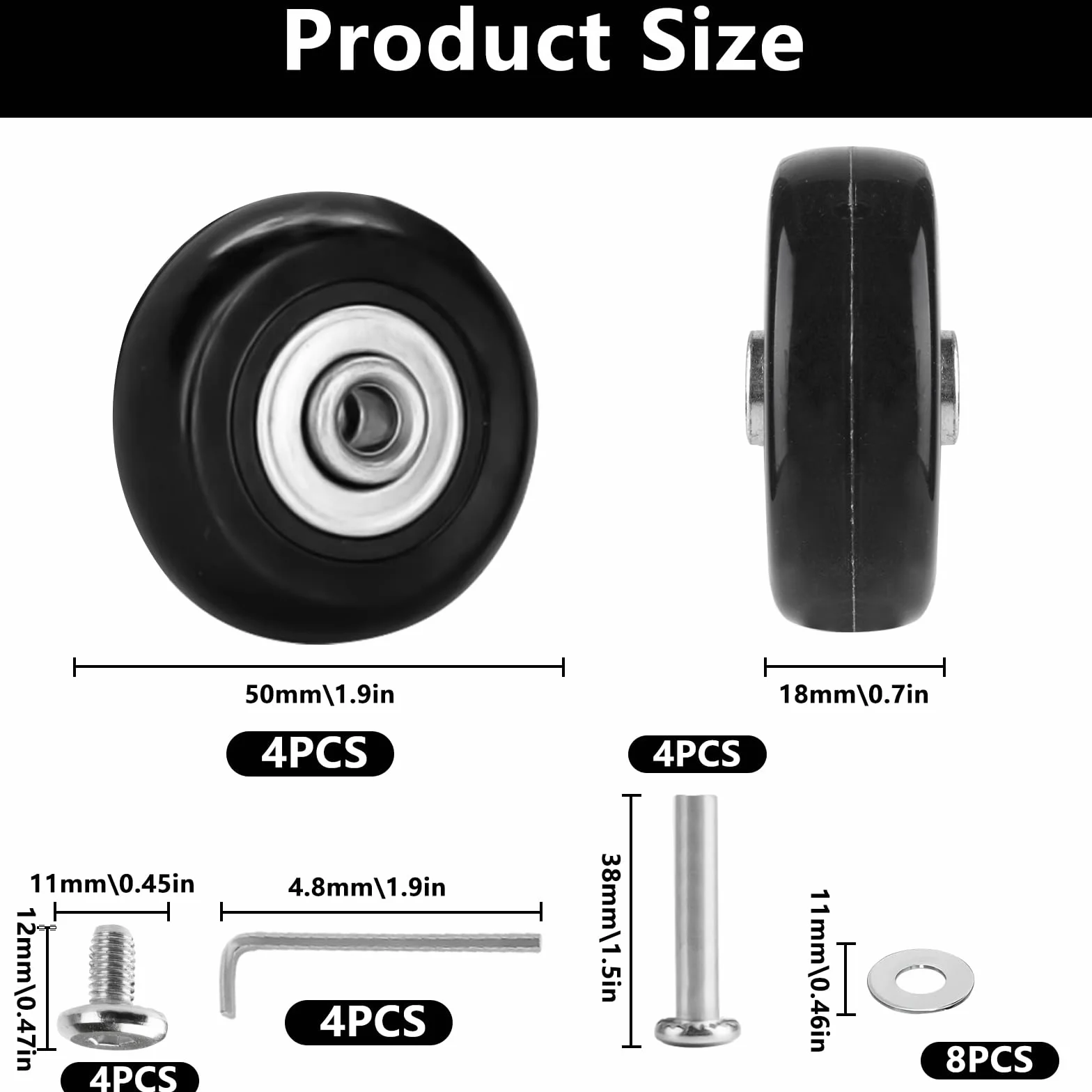 4 szt. zapasowych kółek do bagażu 50mm x 18mm, zapasowe kółka do walizki, gumowe kółka bagażowe PU z obrotowymi łożyskami, zapasowe kółka samonastawne, zestaw naprawczy kółek, z akcesoriami (czarne)