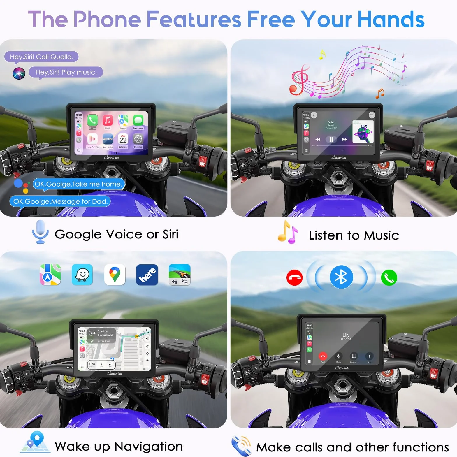 Carpuride W502TPRO do motocykli z CarPlay i Android Auto, TPMS i podwójnym Bluetooth – 5-calowy wodoodporny ekran nawigacji GPS do motocykli, interkom, korektor, czujnik światła, kompas, barometr