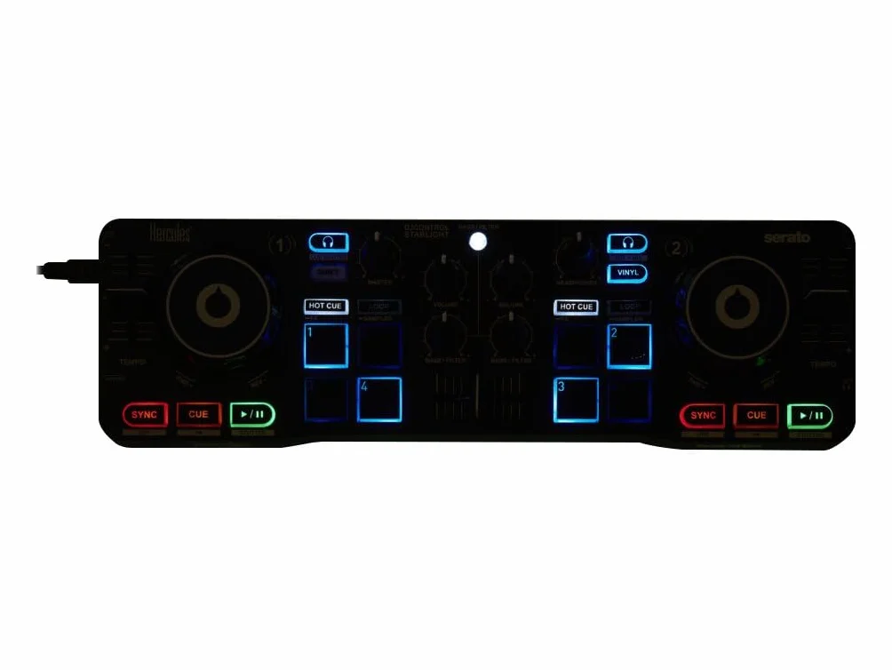Hercules DJControl Starlight – Przenośny 2-kanałowy kontroler DJ z USB i 8 padami, z oprogramowaniem Serato DJ Lite, kompatybilny z PC i Mac