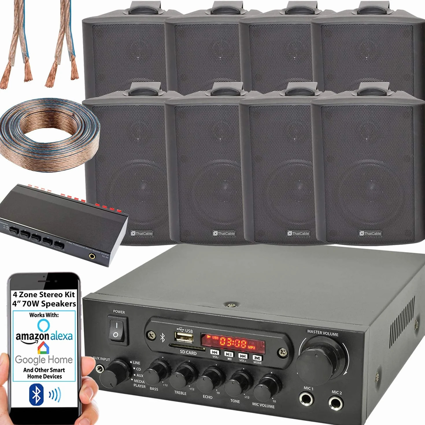SMART HOME 4-strefowy zestaw BLUETOOTH – 8 x 180 W 10 cm czarny głośnik do montażu na ścianie, wzmacniacz stereo 110 W, kabel rozdzielacz głośników *ECHO ALEXA SPOTIFY* bezprzewodowy system wzmacniacza dźwięku HiFi - bar pub Home Surround