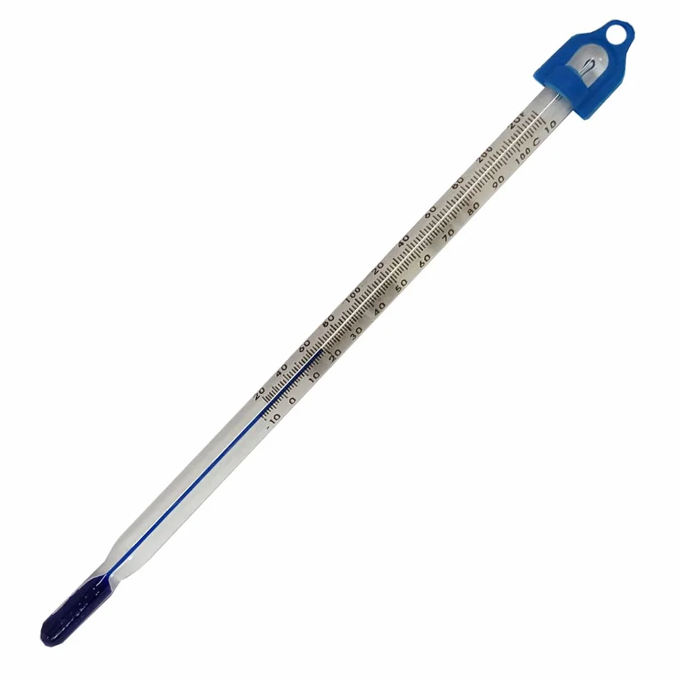 Termometr do pomiaru temperatury wody i cieczy – laboratoryjny termometr szklany, zakres od -10 do +110 °C, 155 mm, laboratorium zanurzeniowe, niebieski płyn