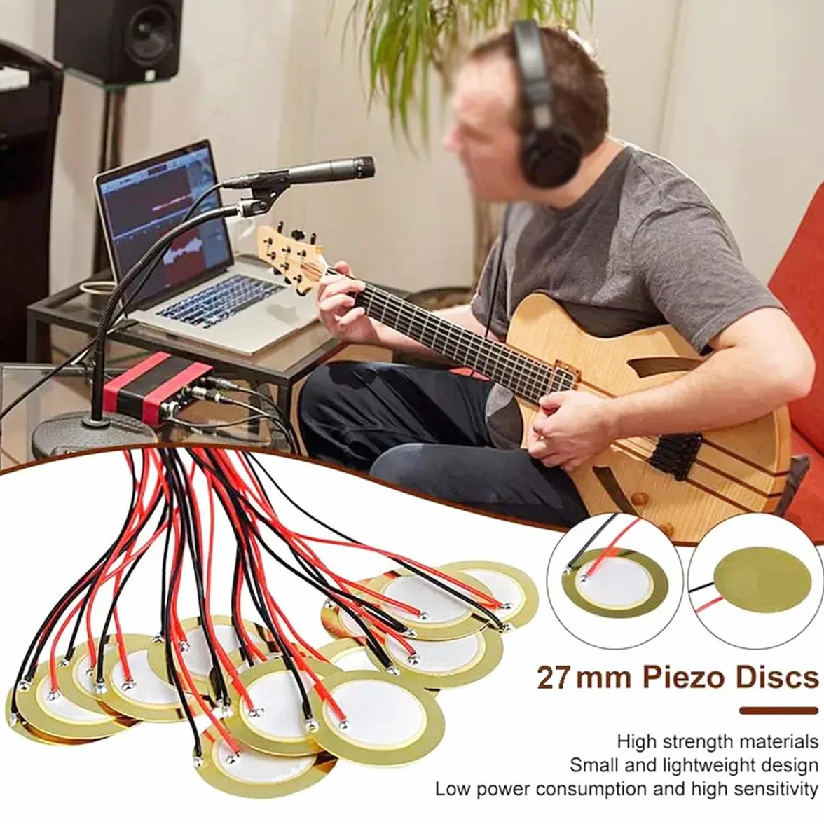 Dyski piezoelektryczne 27 mm Przetworniki piezoelektryczne z kablami 3,93" Dyski wzmacniacza piezoelektrycznego Mic Drum Trigger Acoustic Pickup Brzęczyk z naklejką piankową, 20 sztuk