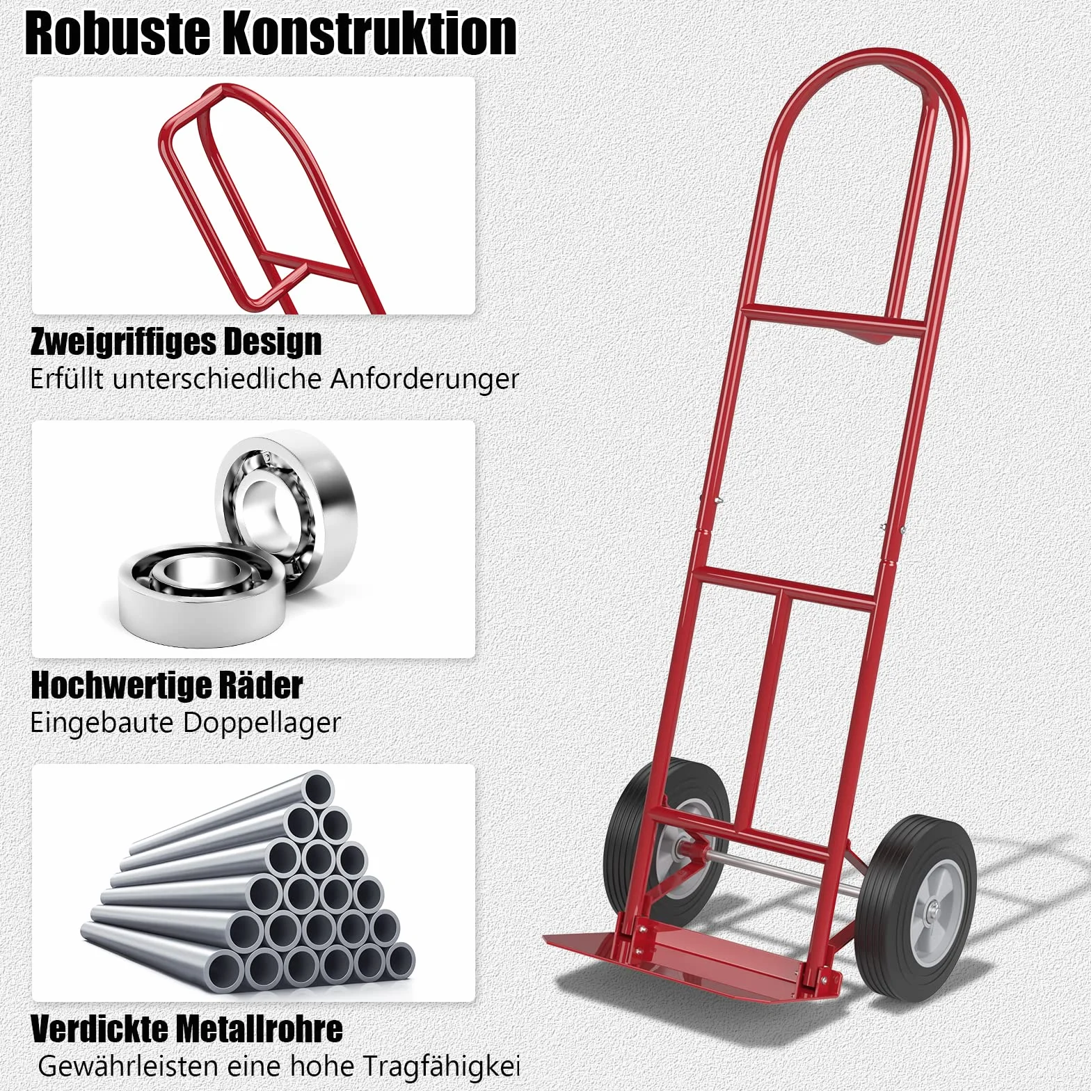 COSTWAY Wózek transportowy z uchwytem P, obciążenie do 300 kg, metalowy wózek do dużych obciążeń, wózek transportowy z dużymi kołami i składaną powierzchnią ładunkową, wózek transportowy ręczny (model