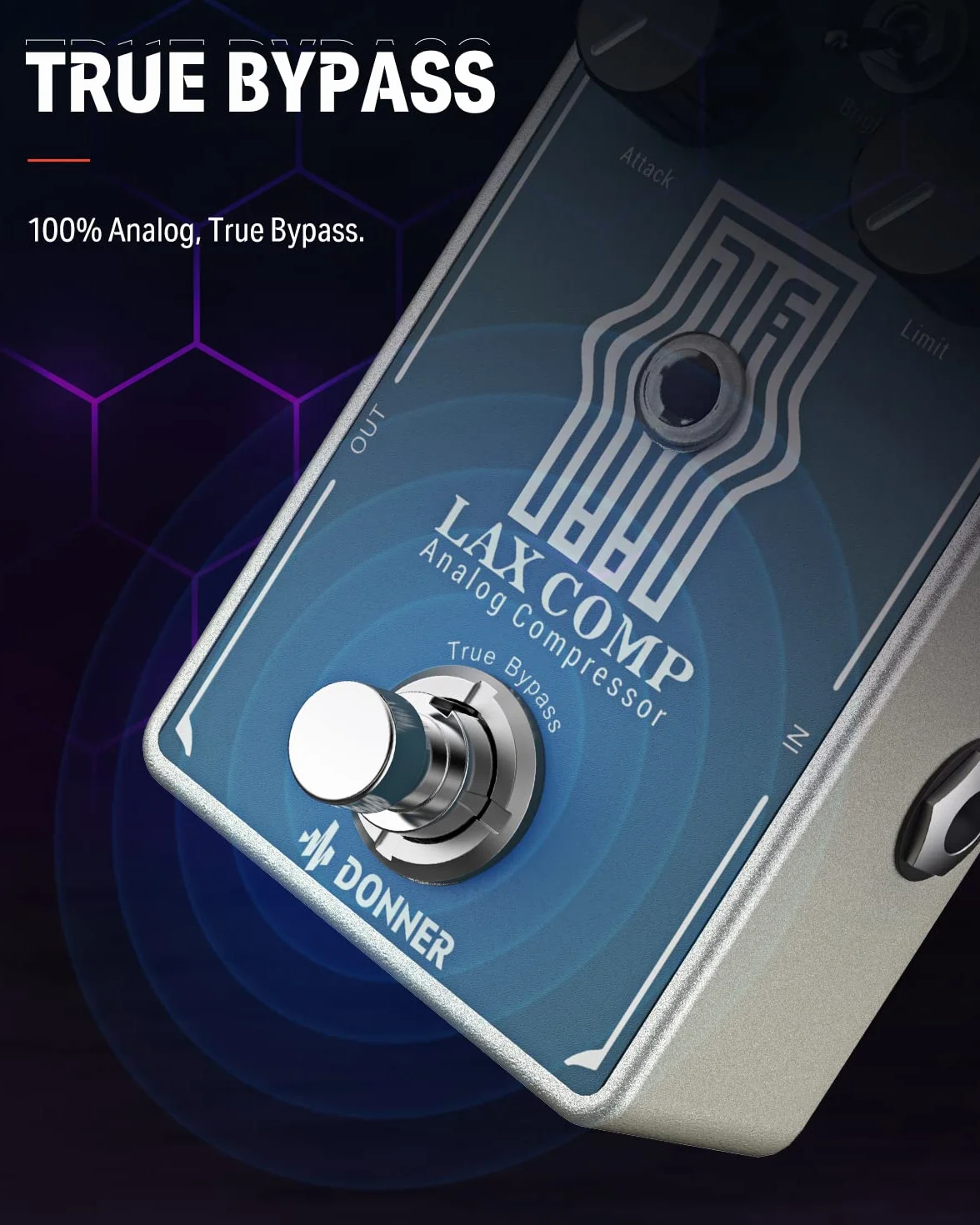 Donner Lax Comp gitarowy kompresor do gitary i basu elektrycznego z 2-pasmowym Boost EQ True Bypass