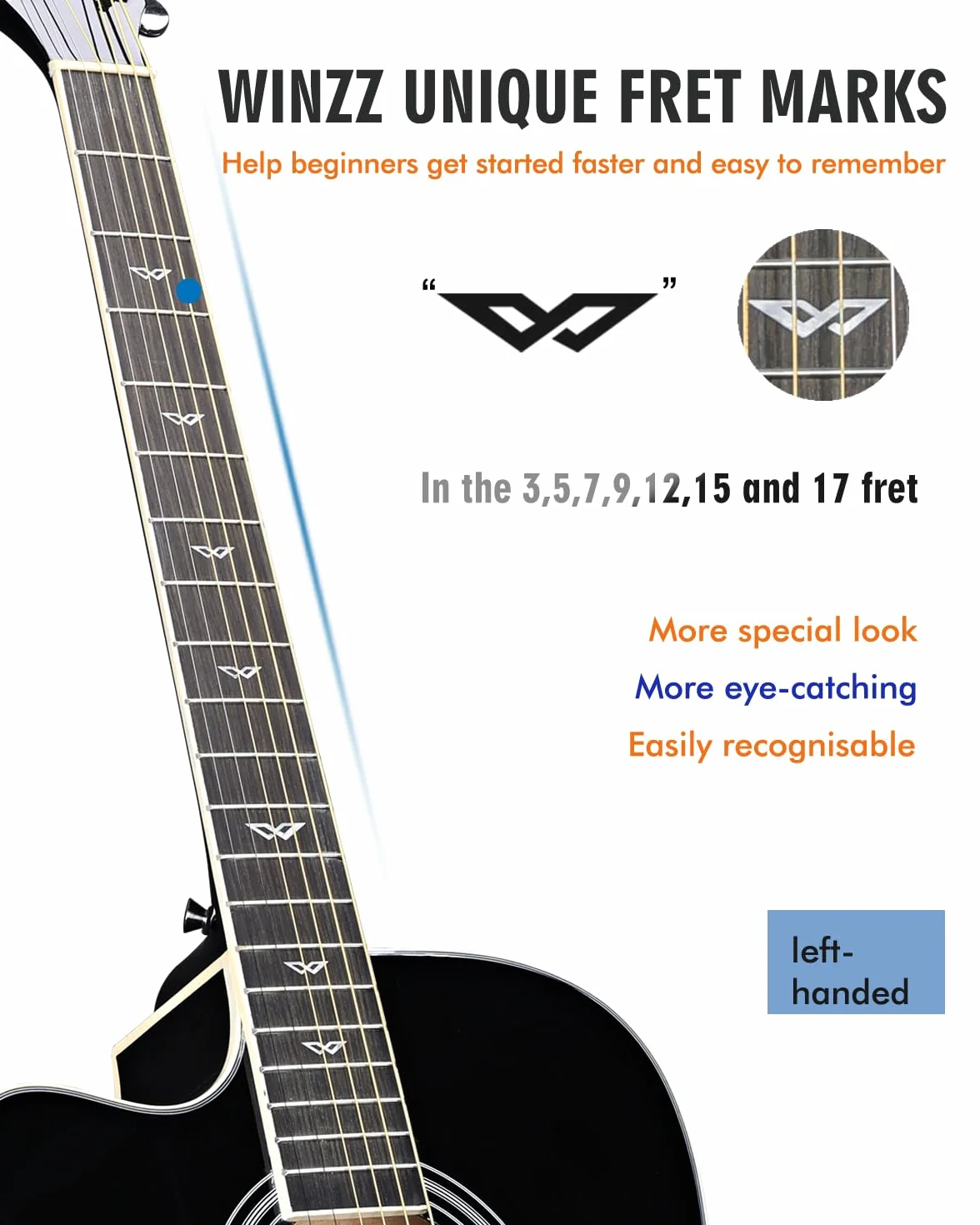 Winzz Elektryczna gitara akustyczna 4/4, dla leworęcznych, zachodnia gitara, dla dorosłych, początkujących, gitara akustyczna 100 cm z 4-pasmowym korektorem (dreadnought, błyszcząca czerń)