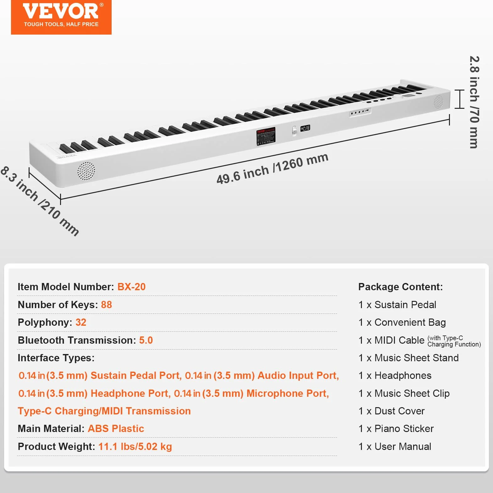 VEVOR 88 składanych klawiszy klawiatury fortepianu, Bluetooth i MIDI, cyfrowe pianino z pedałem Sustain wrażliwe na dotyk przyciski torby, ładowalna dla początkujących nastolatków dorosłych, biały