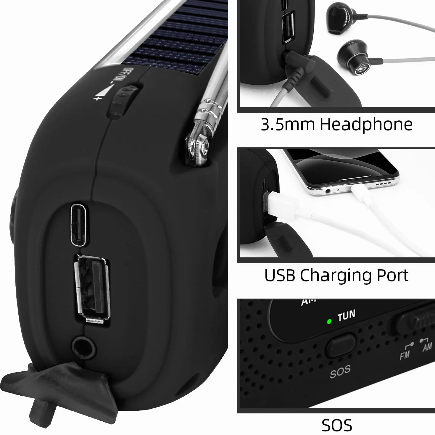 Journy Solar Radio, radio korbowe, radio awaryjne korby, radio dynamo z AM/FM, wbudowana bateria 2000 mAh, 4 tryby latarki LED, alarm SOS dla sytuacji awaryjnych na zewnątrz