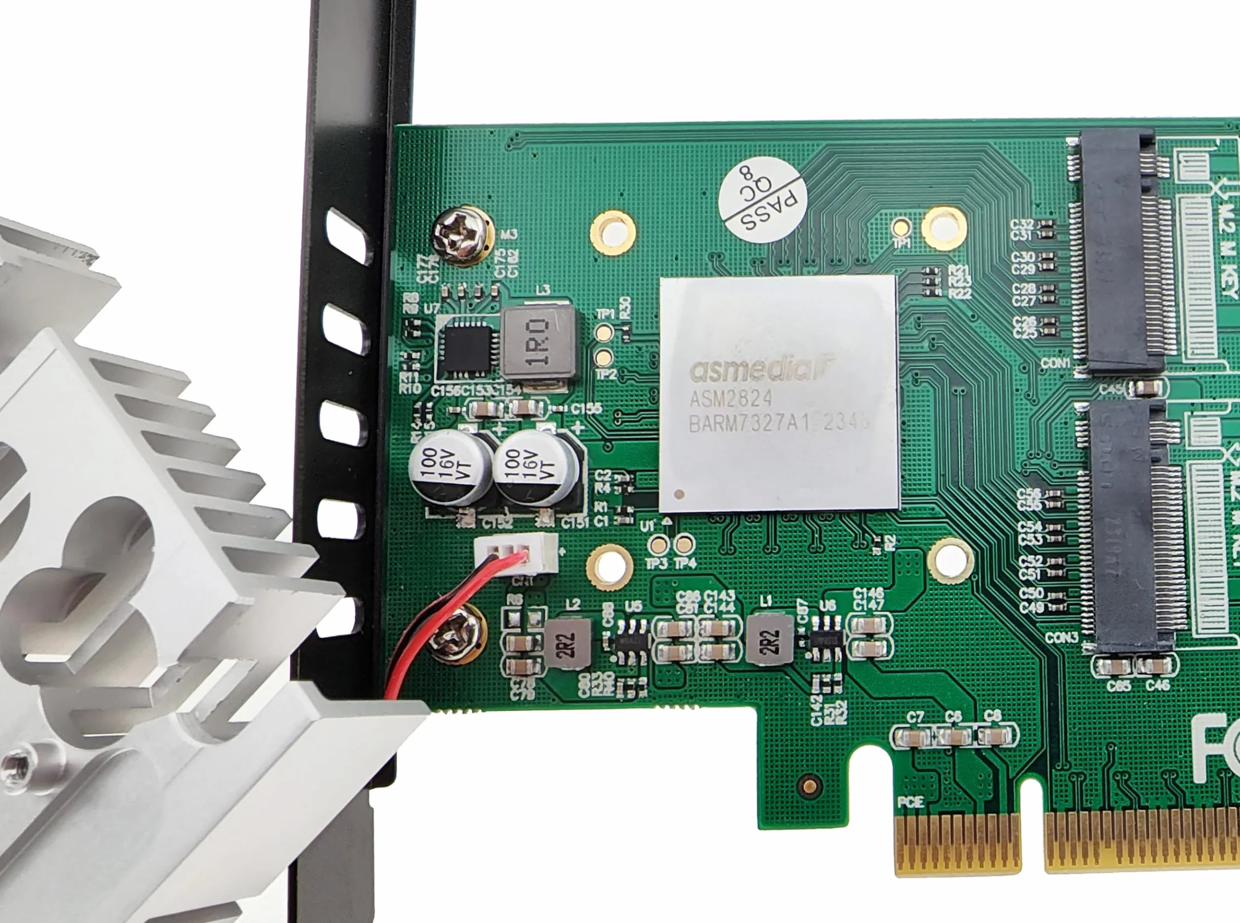 KALEA-INFORMATIQUE Dwustronna karta kontrolera PCIe 3.0 16x dla 4 dysków SSD M.2 NVMe M Key (M2 NGFF) z wymuszoną wentylacją. CHIPSET ASM2824.