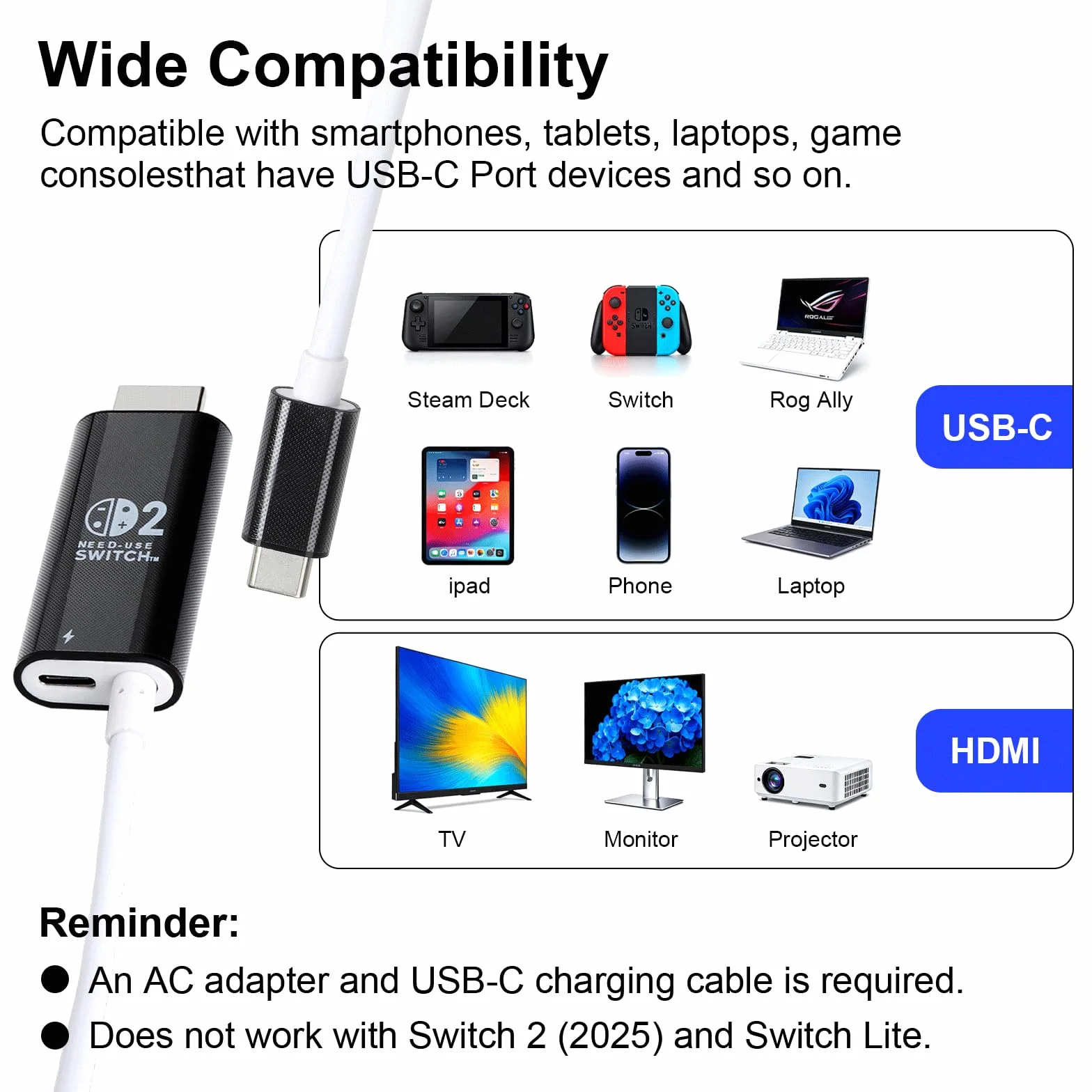 HENGBIRD Adapter USB C na HDMI 2 m, 4K@60Hz 100 W PD ładowanie, przenośna stacja dokująca, zamiennik do trybu TV Switch 2/1/OLED, kabel do gier Plug&Play do Switch, iPhone'a, Steam Deck, MacBook, iPad