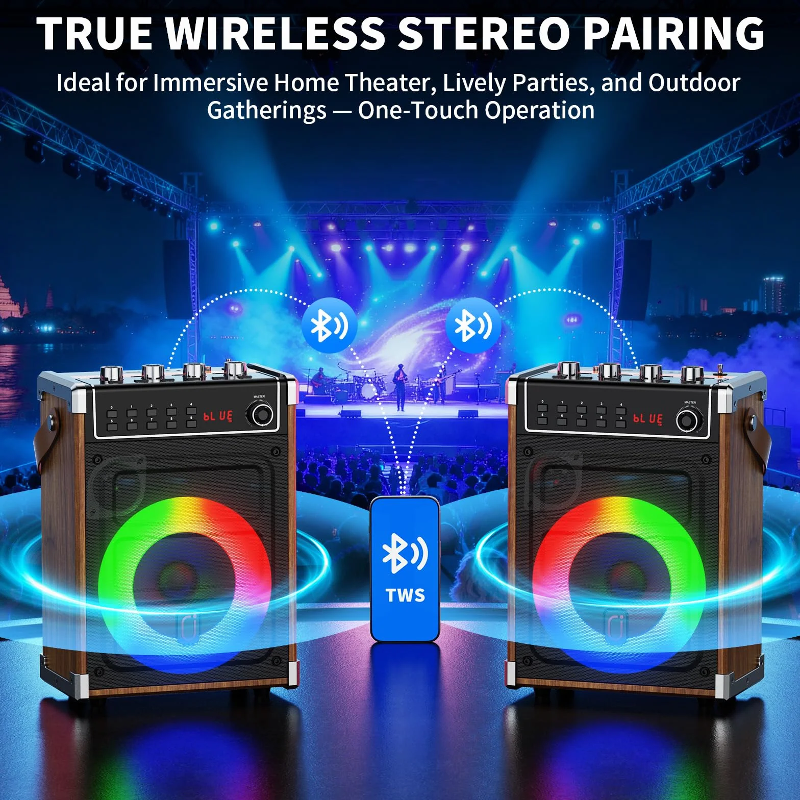 JYX Maszyna do karaoke z 2 mikrofonami bezprzewodowymi UHF, regulacją tonów, oświetleniem LED, TWS, AUX, FM, REC