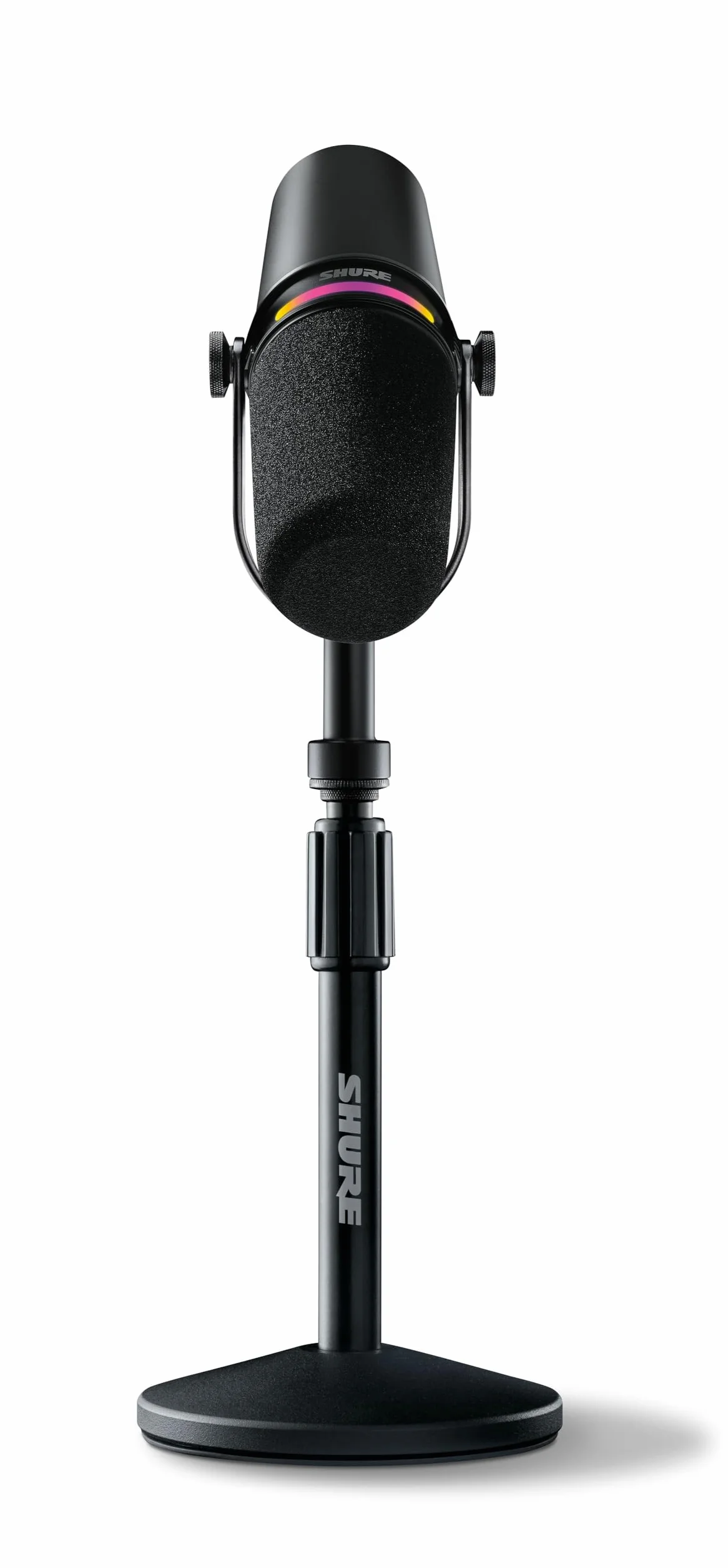 Shure Mikrofon do podcastów MV7+ z podstawką, Ulepszona jakość dźwięku, panel dotykowy LED, wyjścia USB-C i XLR, automatyczny tryb poziomowania, cyfrowy filtr pop, efekty pogłosu, podcasting - Czarny