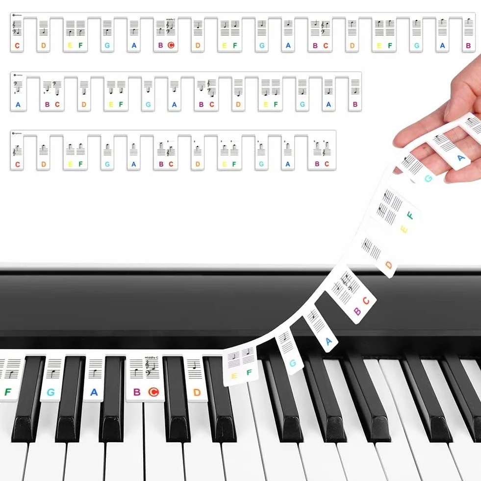 URAQT Silikonowe naklejki fortepianowe wielokrotnego użytku, 88 kluczowych naklejek na klawiaturę fortepianową, zdejmowane naklejki na fortepian, naklejka na fortepian dla dzieci (kolorowe)