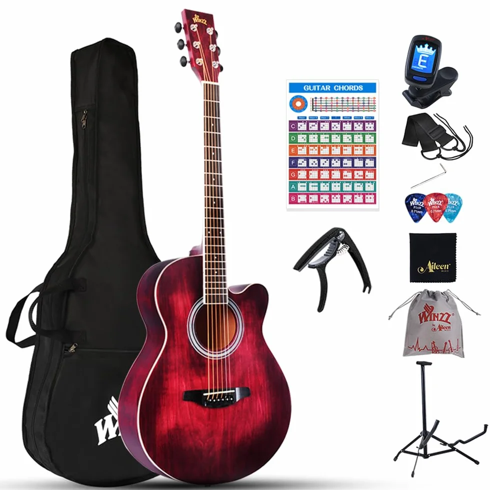 Winzz gitara akustyczna ze stalową struną, początkujący, dla dorosłych, dla uczniów, elegancka, unikalny wzór kolorów, 100 cm, czerwona