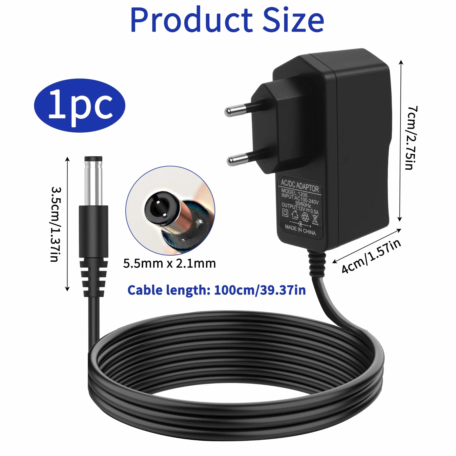 Zasilacz 12 V 0,5 A, zasilacz 12 V 0,5 A, uniwersalny zasilacz AC 100-240 V do DC 6 W ze złączem 5,5 x 2,1 mm, 6 W zasilacz do kamer CCTV Taśmy LED Router, 1 M