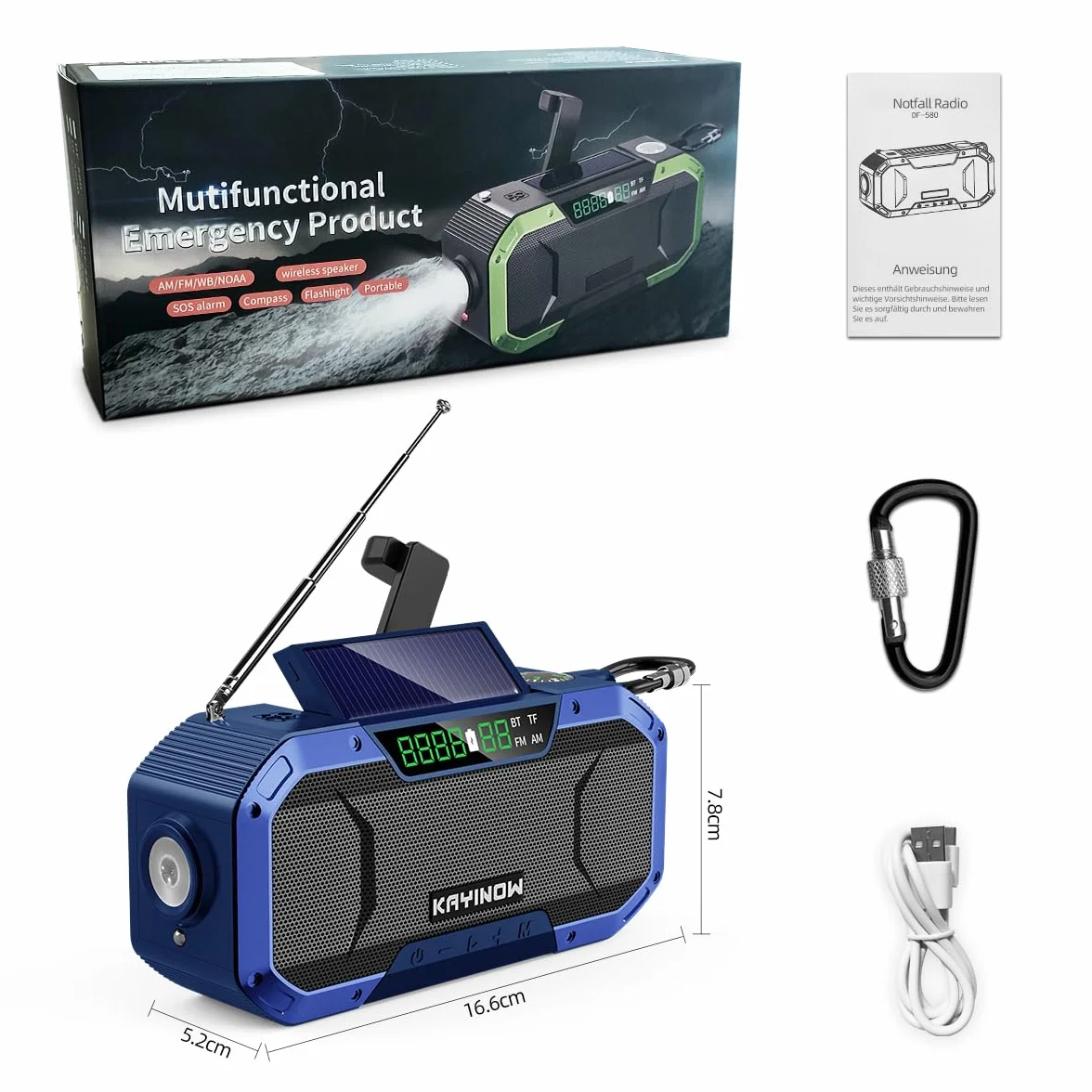 KAYINOW Dynamo Solar Survival Radio - Głośnik Bluetooth, wodoodporne przenośne radio AM FM, 5000 mAh, akumulator, korba akumulatorowa, wielofunkcyjne radio awaryjne, kemping, SOS, latarka