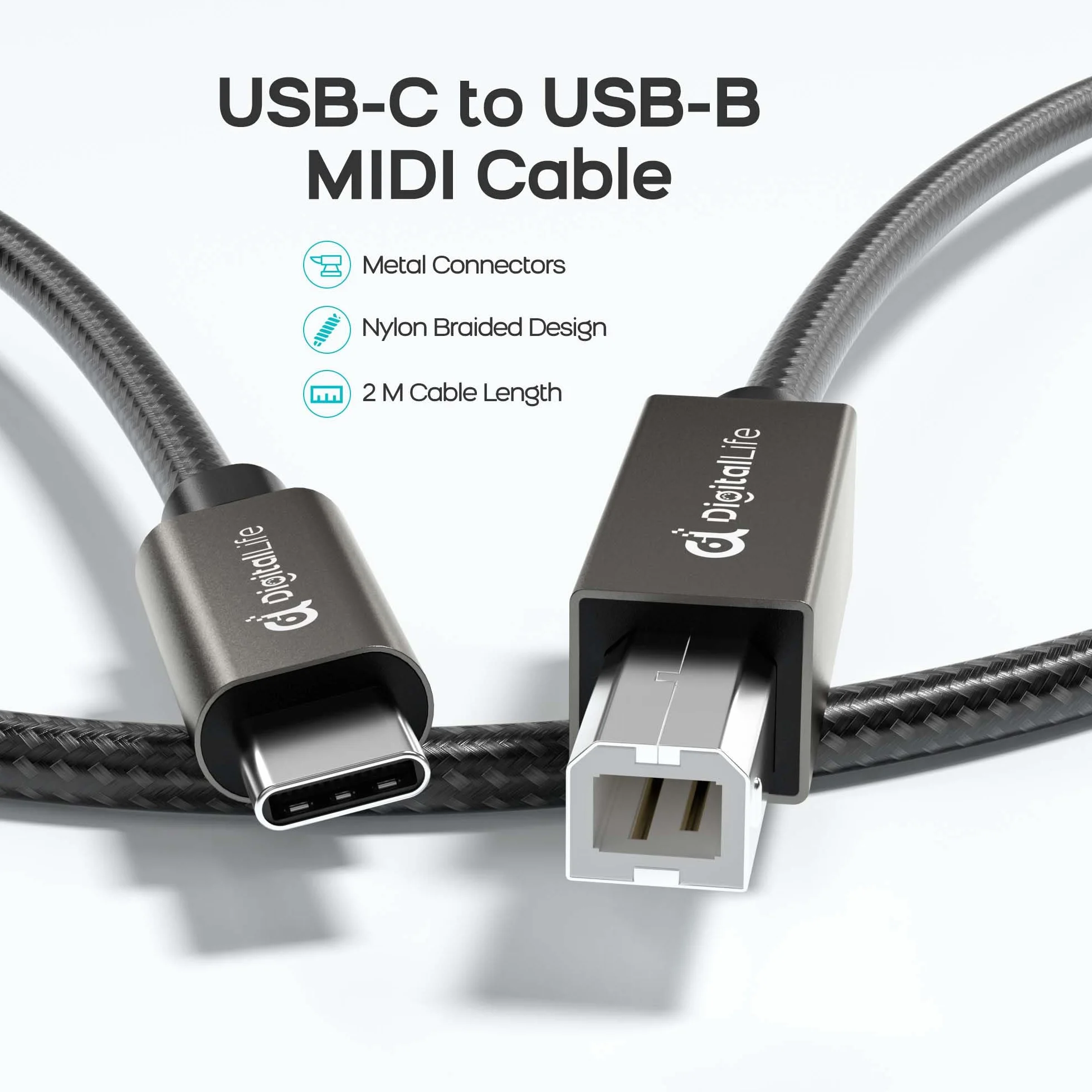 DigitalLife FlexMIDI Pro 2M Kabel MIDI USB-C do USB-B do Pianina, Klawiatur MIDI i Interfejsów Audio, Kompatybilny z Windows, macOS i Linux | Oplot Nylonowy, MIDI-CB200-II