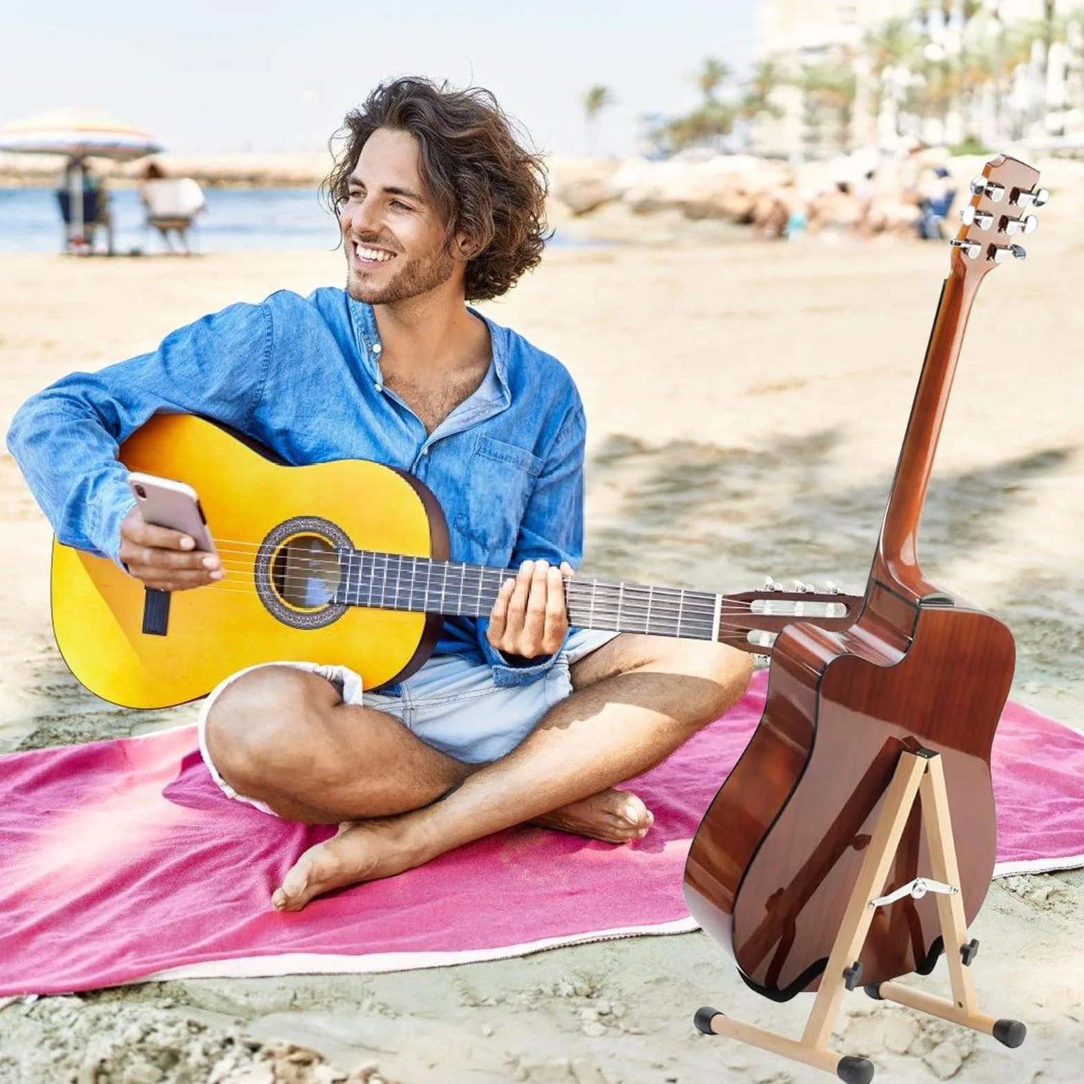 PORFOYO Drewniany stojak na gitarę, stojak na gitarę akustyczną, regulowany stojak na bas, składany uchwyt na gitarę, rama A, do basu, wiolonczeli, ukulele