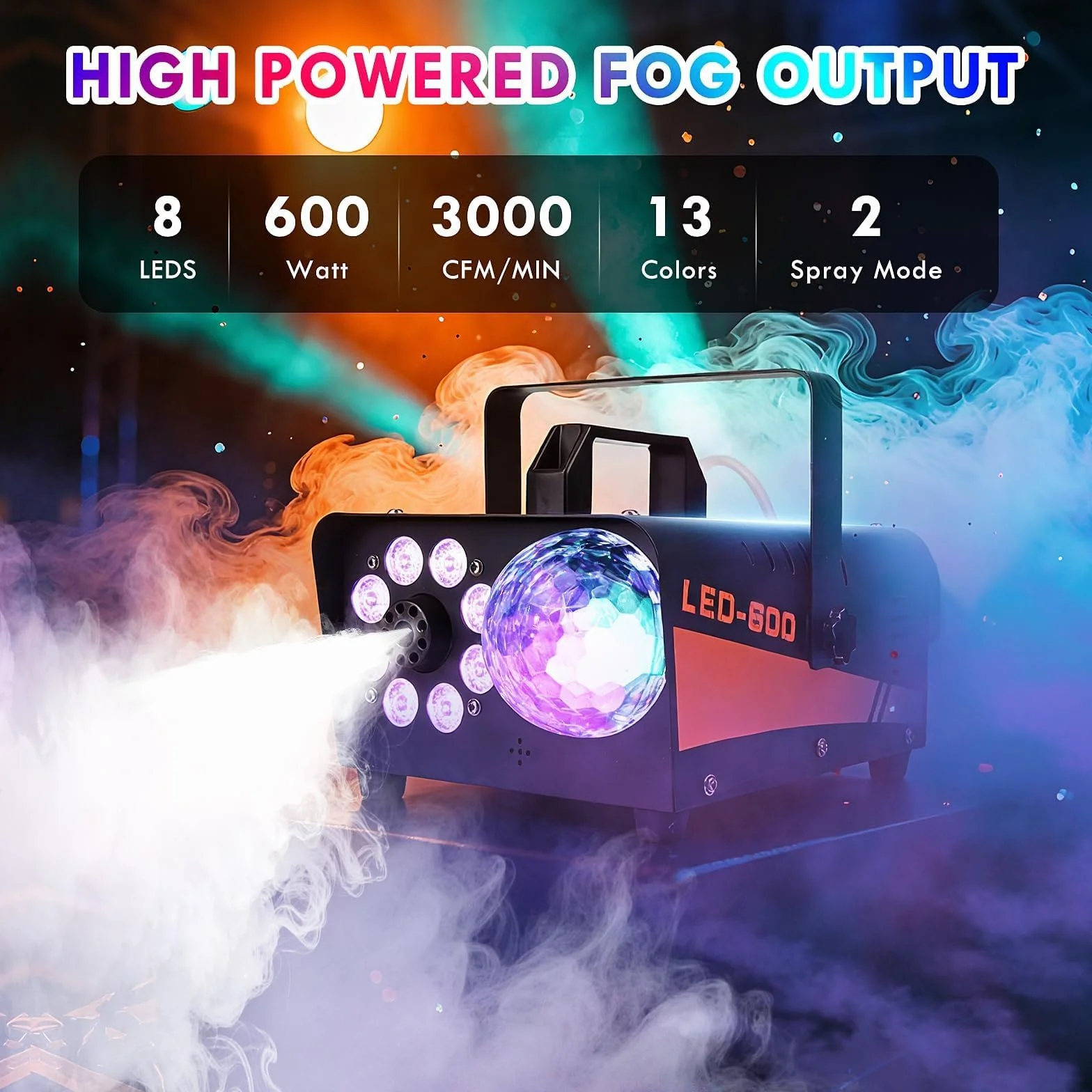 Wytwornica Dymu 600W 3000 CFM LED RGB 13 Kolorów z Pilotem Przewodowym i Bezprzewodowym