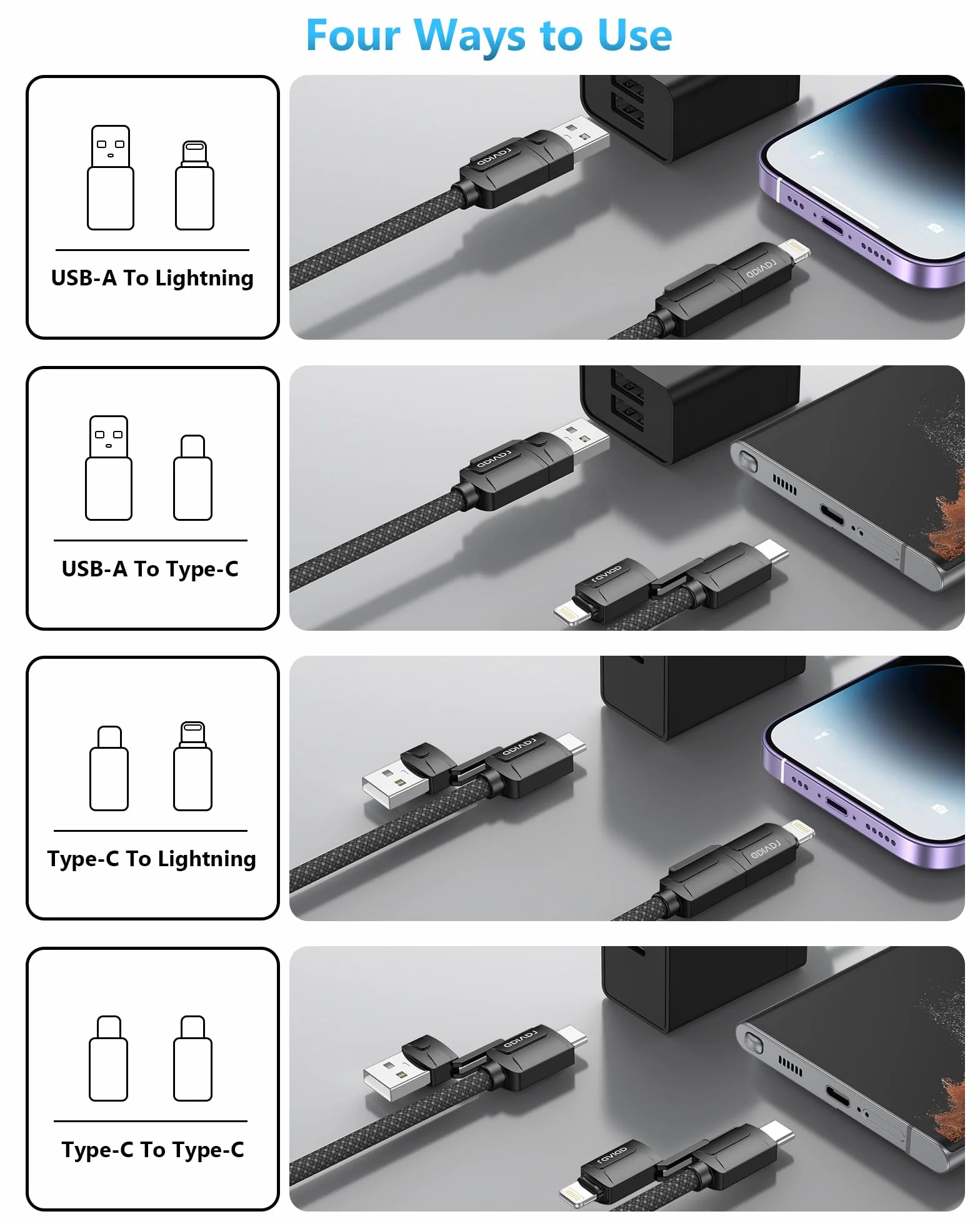 RAVIAD Multi kabel USB, uniwersalny kabel do ładowania [2 M], nylonowy, szybki kabel do ładowania 4 w 1, 60 W, PD z USB C/USB A na Lightning, USBC/USB A na USBC do iPhone 16/15, Samsung Galaxy, Huawei