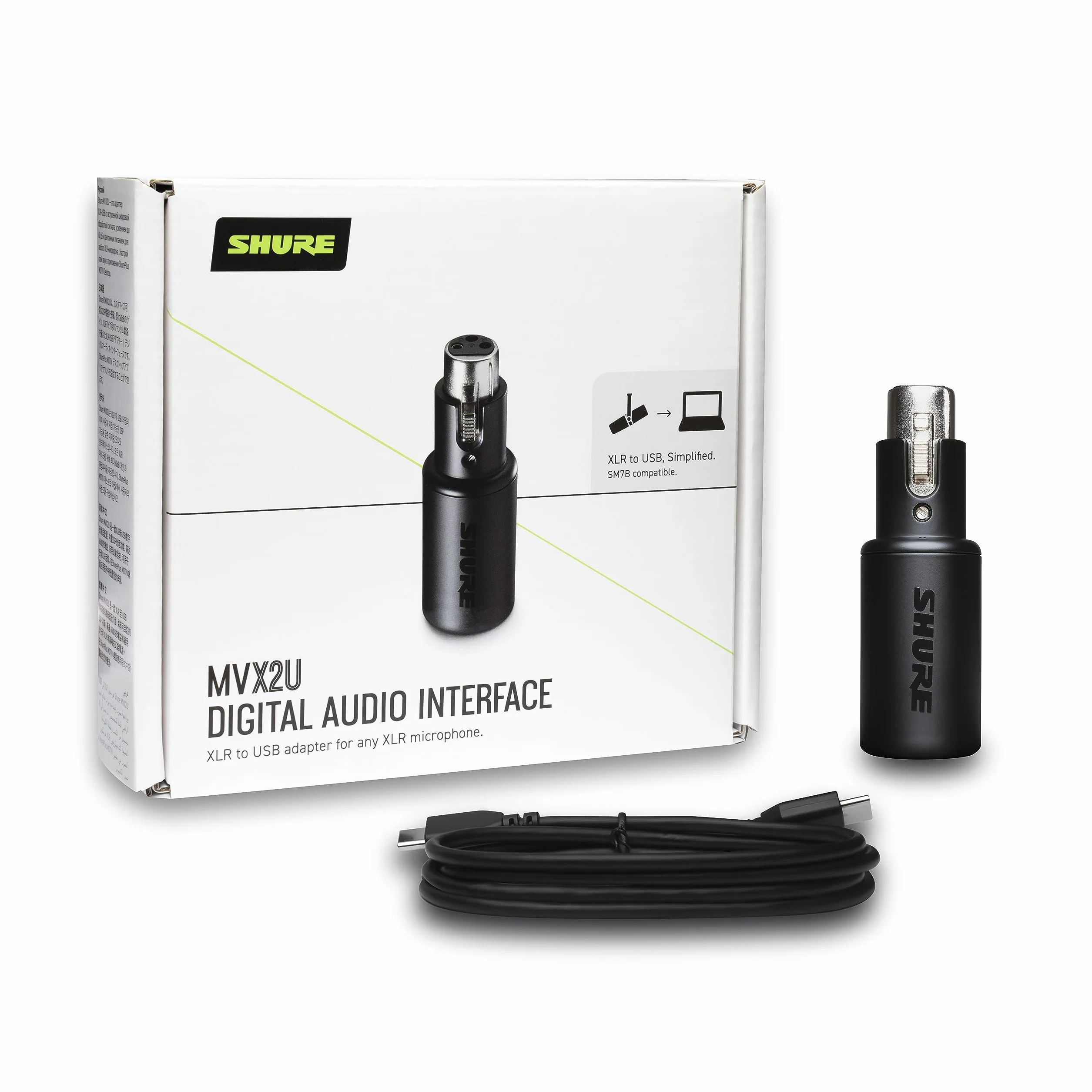 Shure MVX2U Interfejs cyfrowy XLR-do-USB z gniazdem słuchawkowym, zintegrowanym przedwzmacniaczem z kontrolą wzmocnienia 60dB, monitorowaniem bez opóźnień, zasilaniem fantomowym 48V