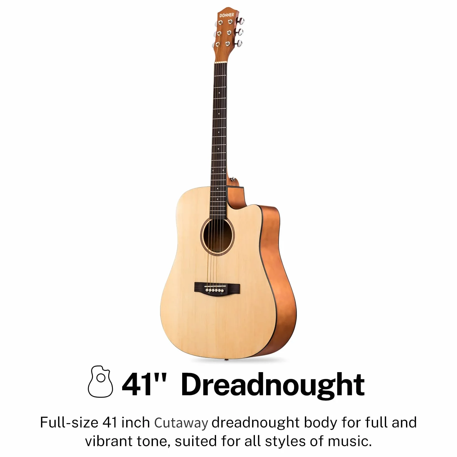 Donner Gitara akustyczna 4/4 pełny rozmiar 100 cm dreadnought zestaw z torbą capo kostki pasek