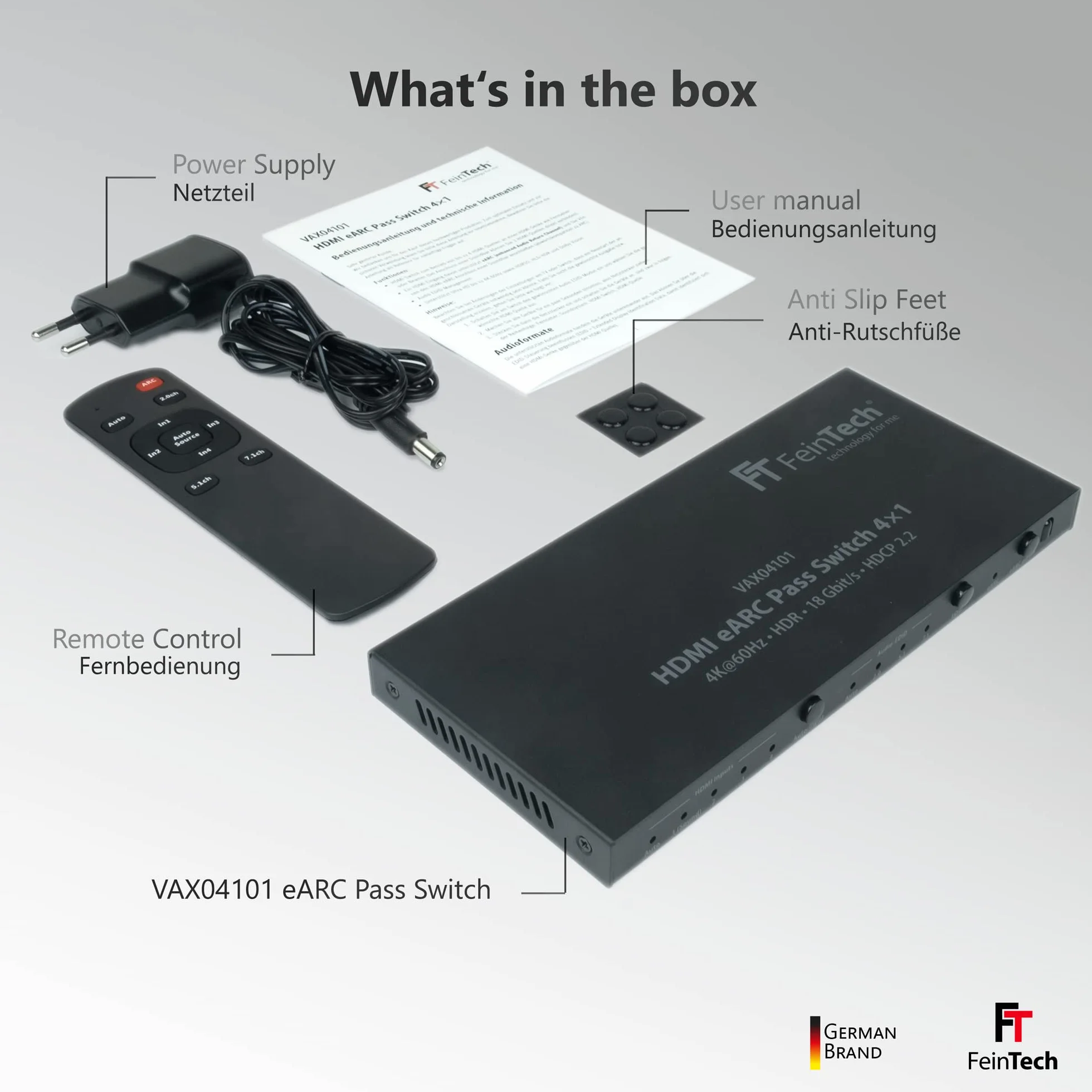 FeinTech VAX04101A HDMI eARC Pass Switch 4 x 1, do 3 źródeł HDMI, soundbar i projektora TV 4K HDR Dolby Atmos