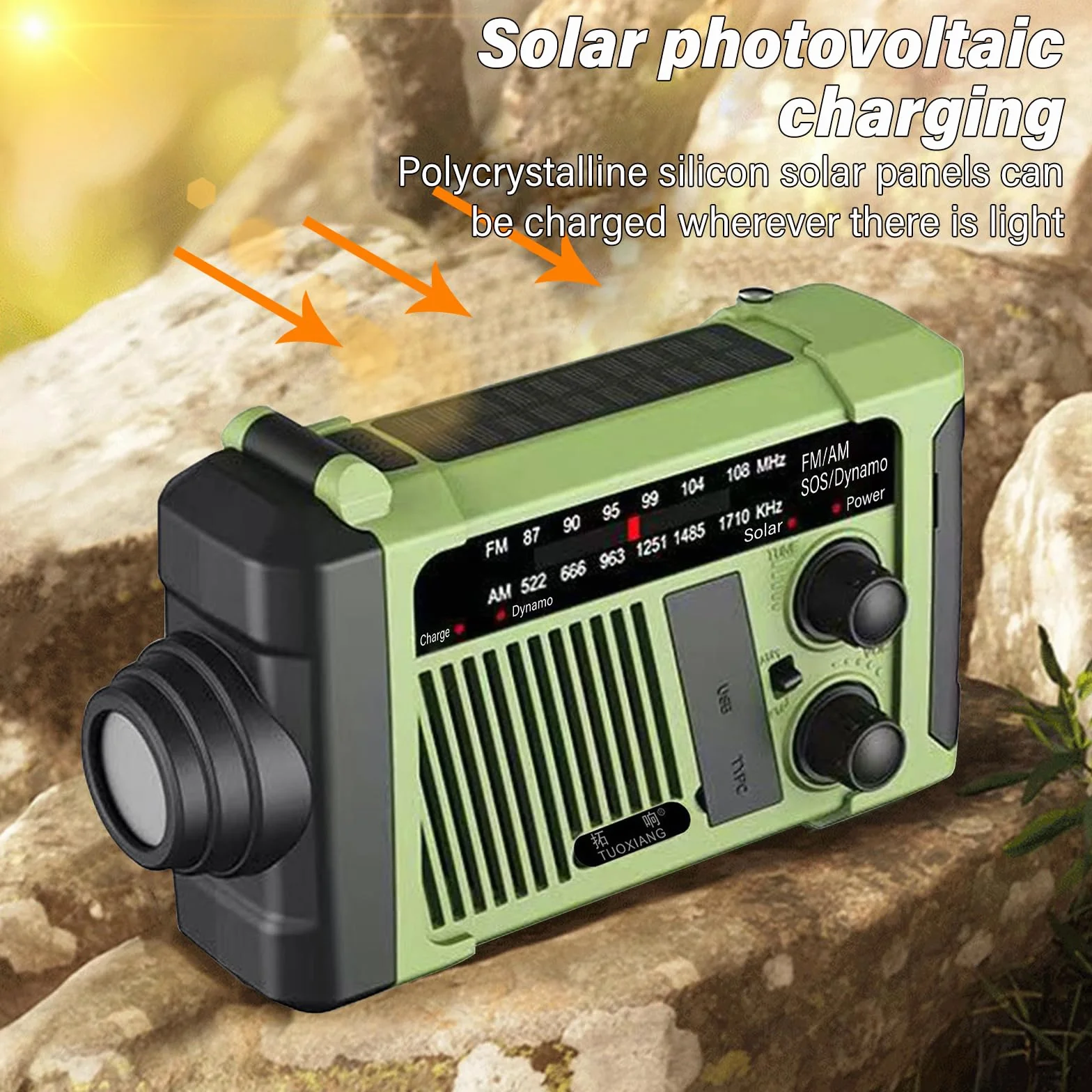 Radio korbowe, 1800 MA, radio awaryjne, solarne radio z korbą, do użytku na zewnątrz, na kemping, w sytuacjach awaryjnych, SOS, wytwarzanie prądu za pomocą korbki ręcznej, zielone (160 x 96 x 56 mm)