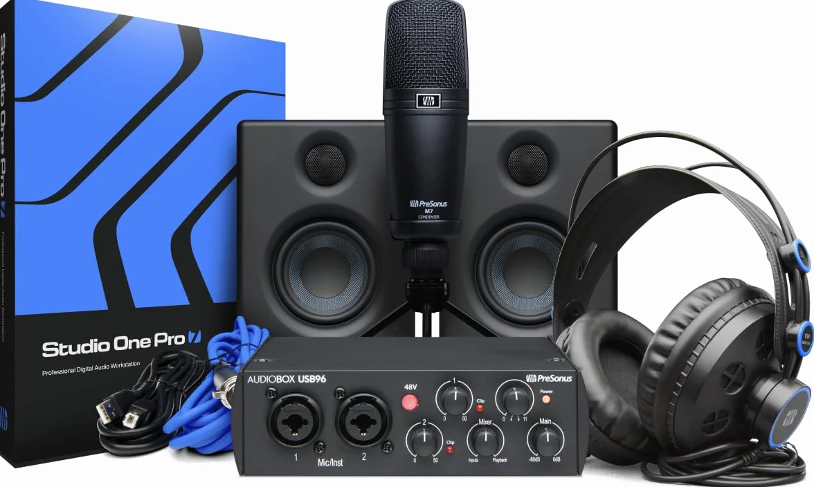 PreSonus AudioBox 96 Studio Ultimate, zestaw interfejsu audio do nagrywania i produkcji, z mikrofonem, słuchawkami, głośnikami i oprogramowaniem Eris E3.5, edycja 25th Anniversary