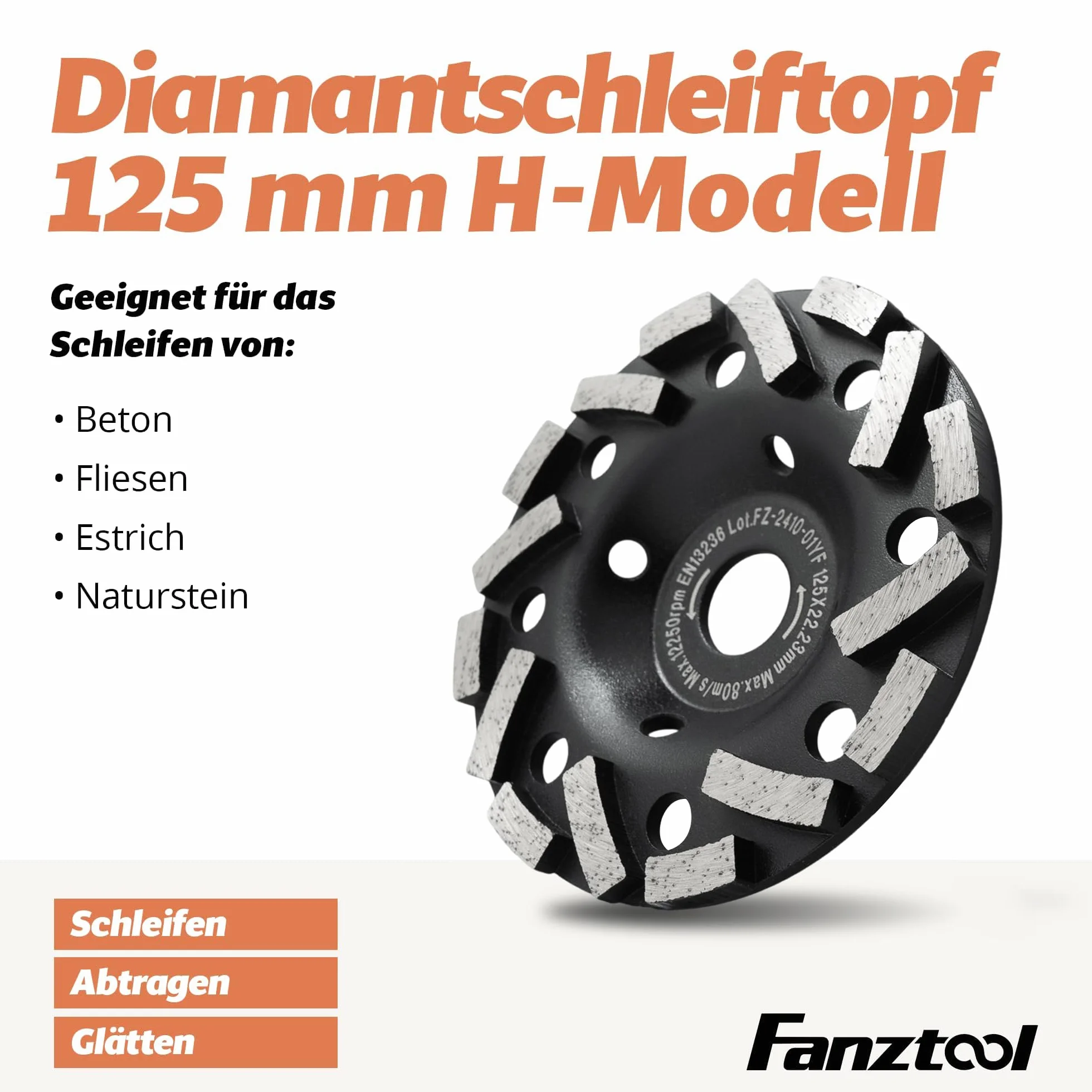 FANZTOOL Premium Diamentowa Tarcza Garnkowa ścierna 125 mm x 22,2 mm do ściernych Materiałów Budowlanych, Jastrychu, Tynku, Asfaltu