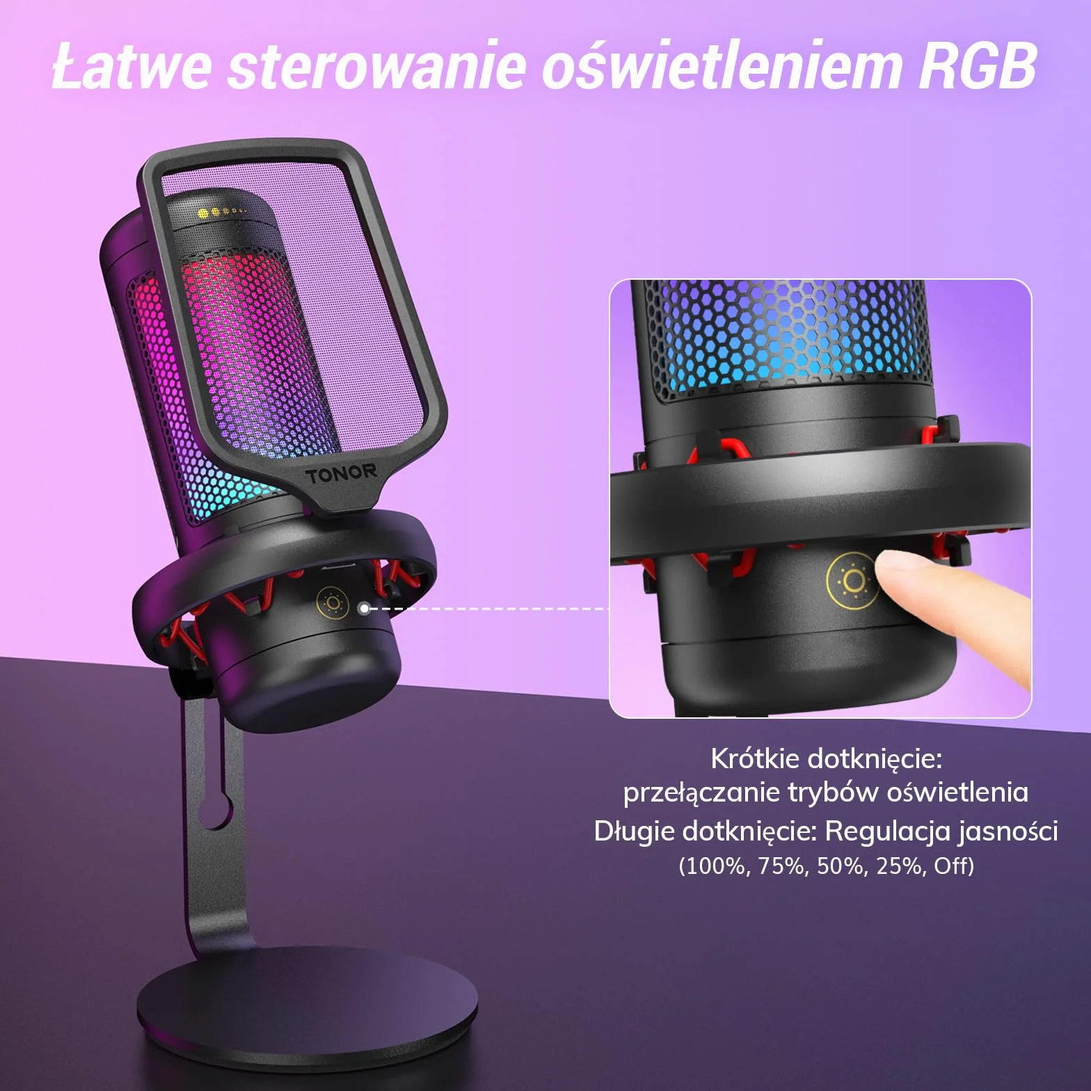 TONOR TC320 Mikrofon USB z kontrolą RGB/wzmocnienia, wyciszenie dotykowe do streamowania, podcastów, Twitch/YouTube/Discord, mikrofon komputerowy ze stojakiem na Mac/PS4/PS5/NS czarny