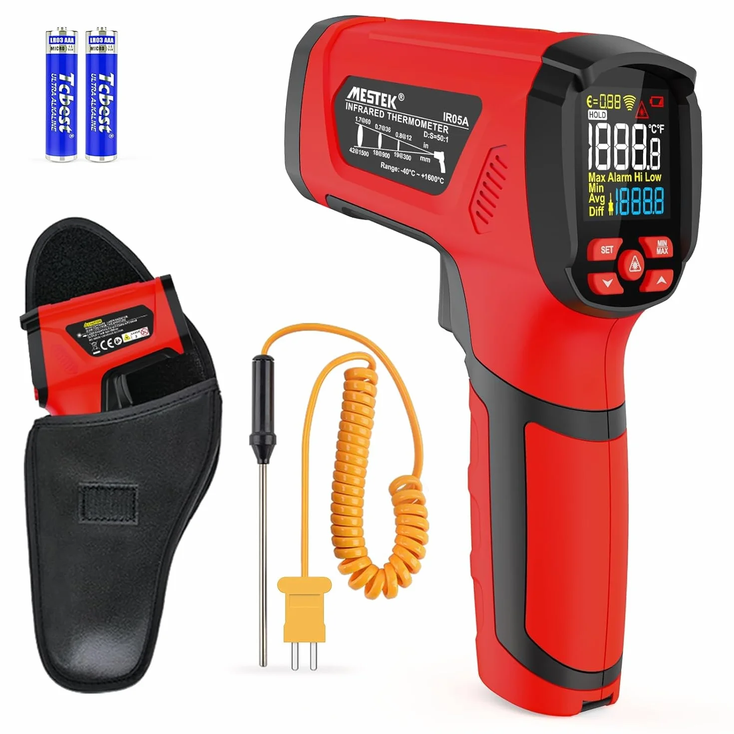 Termometru na Podczerwień Pirometr MESTEK 50:1 Pistolet Temperaturowy, -40℃ do 1600℃ Termometr Laserowy z Kolorowym LCD do Przemysłowego Wytopu Metali Kucia HVAC,Regulowana Emisyjność