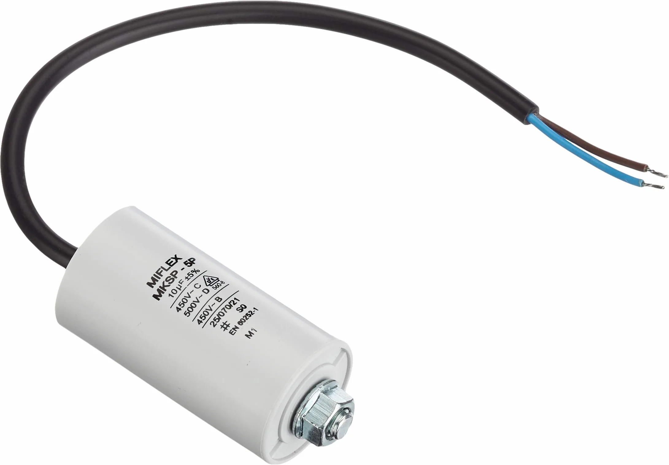 Miflex kondensator rozruchowy silnika 10 μF, 450 V, 35 mm x 65 mm, kabel: M8