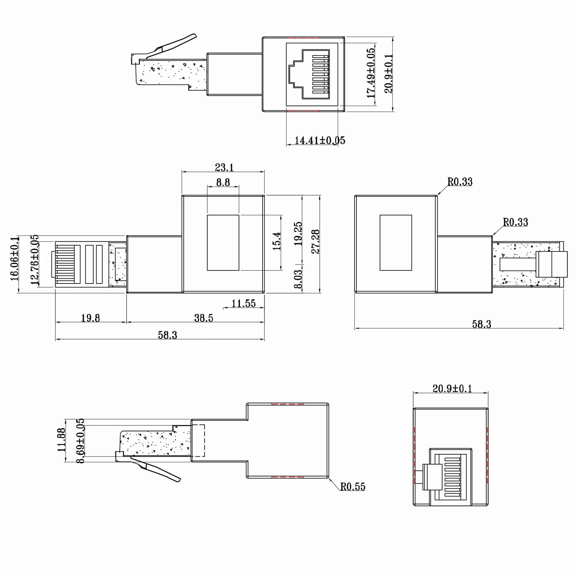 InLine® Adapter kabla krosowego Cat.6A, RJ45 wtyczka/gniazdo, kąt 90° w prawo