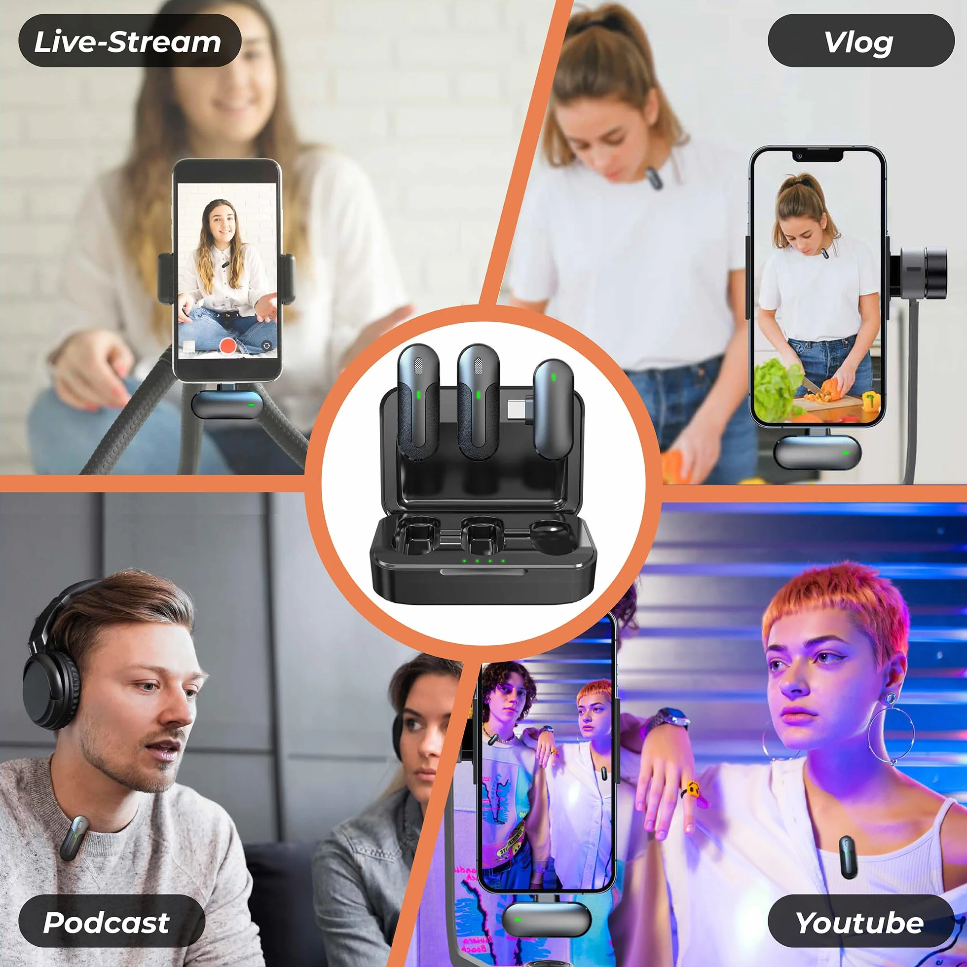 Technaxx Podwójny bezprzewodowy mini mikrofon TX-301 – 2 bezprzewodowe mikrofony krawatowe z inteligentną redukcją szumów, odbiornik USB-C, etui ładujące, klips - idealny do podcastów i nagrywania