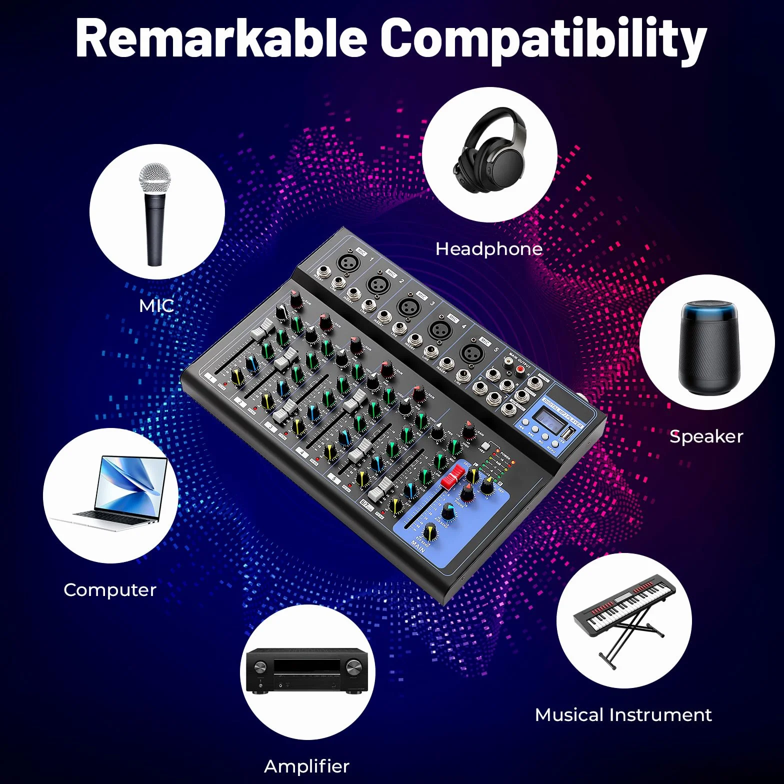 MINRS Mikser audio Bluetooth, 7-kanałowy, mikser DJ Live Studio z konsolą USB, 6 trybów muzyki, do studia produkcji muzyki, barów i scen, dla początkujących i profesjonalistów