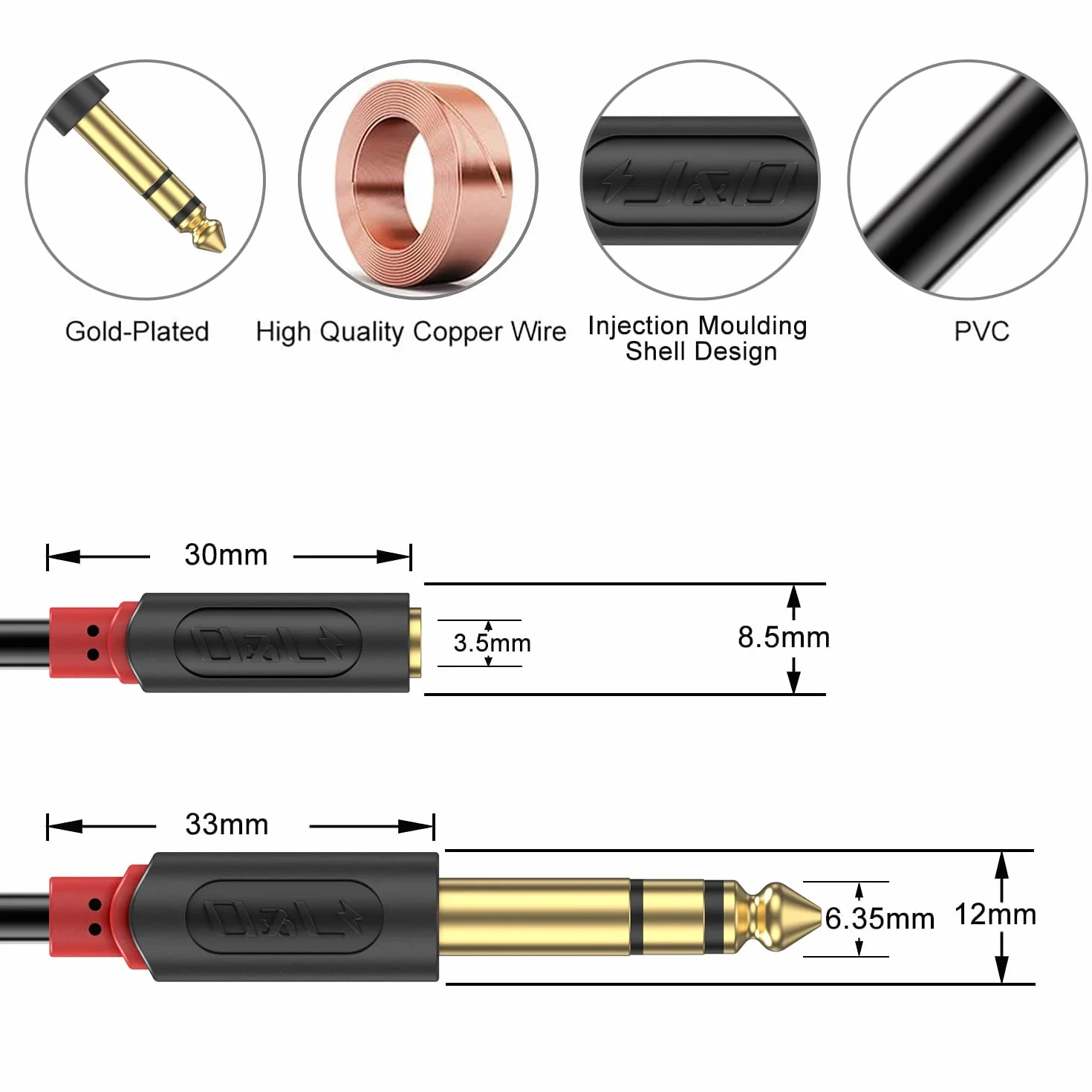 J&D 3,5 mm zu 6,35 mm Kabel, Gold-Plated [AudioWave-Serie] 3,5mm (1/8 Zoll) Weiblich TRS auf 6,35mm (1/4 Zoll) TRS Männlich PVC-Überzug Stereo-Audio-Adapter Y-Splitter-Kabel - 15 Feet