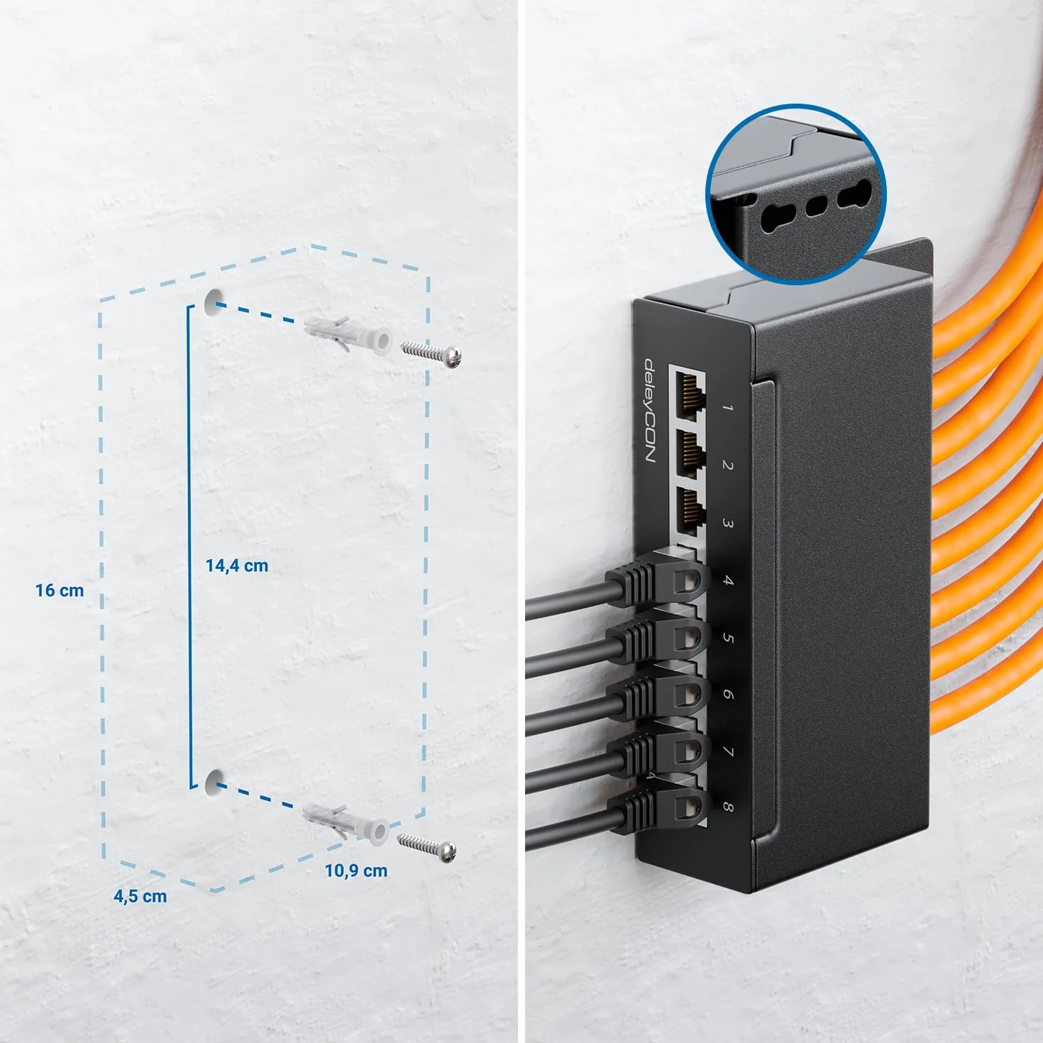 deleyCON CAT 6a Patch Panel Krosownica 8 Portów - na Biurko i na Ścianę Ekranowany 8x RJ45 Jack - TIA568A TIA568B - Czarny