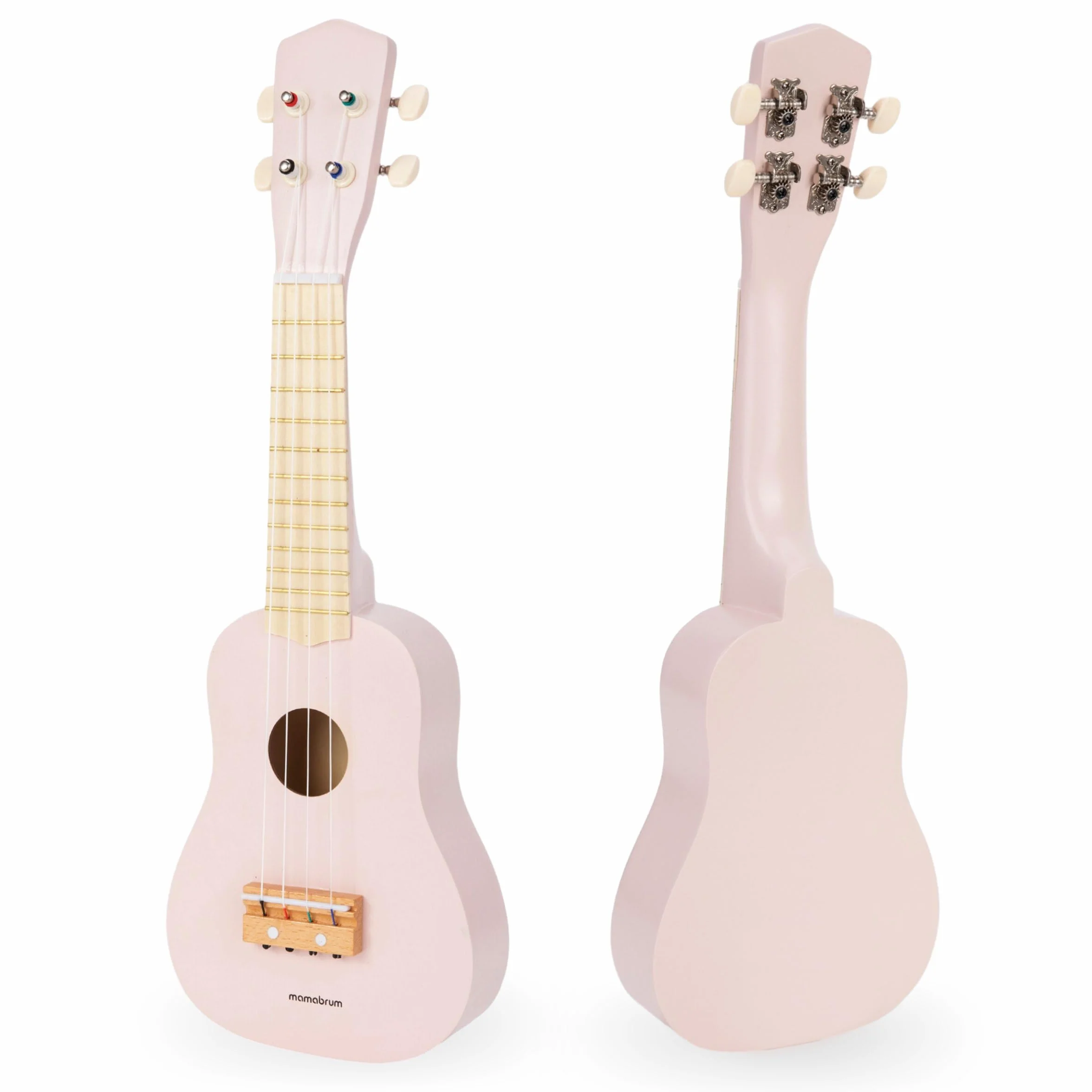 Mamabrum, Drewniana gitara dla dzieci, Ukulele dla niemowląt, Instrumenty muzyczne do zabawy, Uczy prostych akordów, Stymuluje słuch, Imituje prawdziwy instrument, Odgrywanie ról - gitarzysta, Różowy