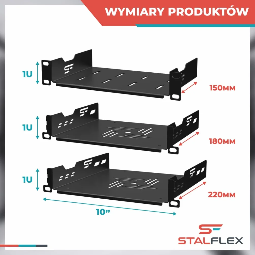 Półka Rack 10 cali 1U 150mm Metal Czarny Perforowana do Szaf Serwerowych i Sieciowych