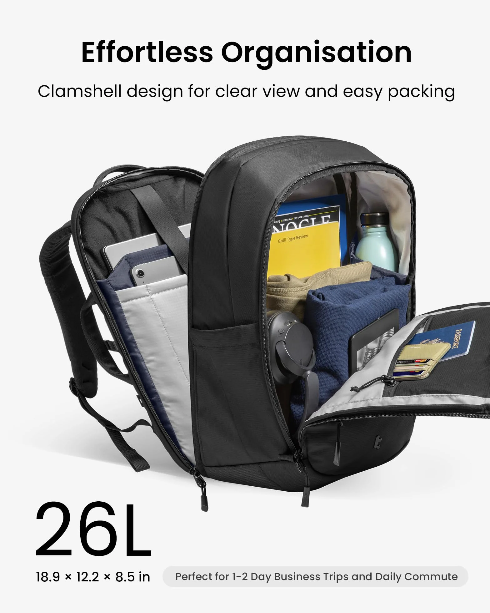tomtoc Plecak na laptopa 26 l, duża torba biznesowa pasuje do laptopa 15,6-16 cali, wodoodporny, trwały plecak podróżny na komputer na podróż służbową, weekendowy wypad